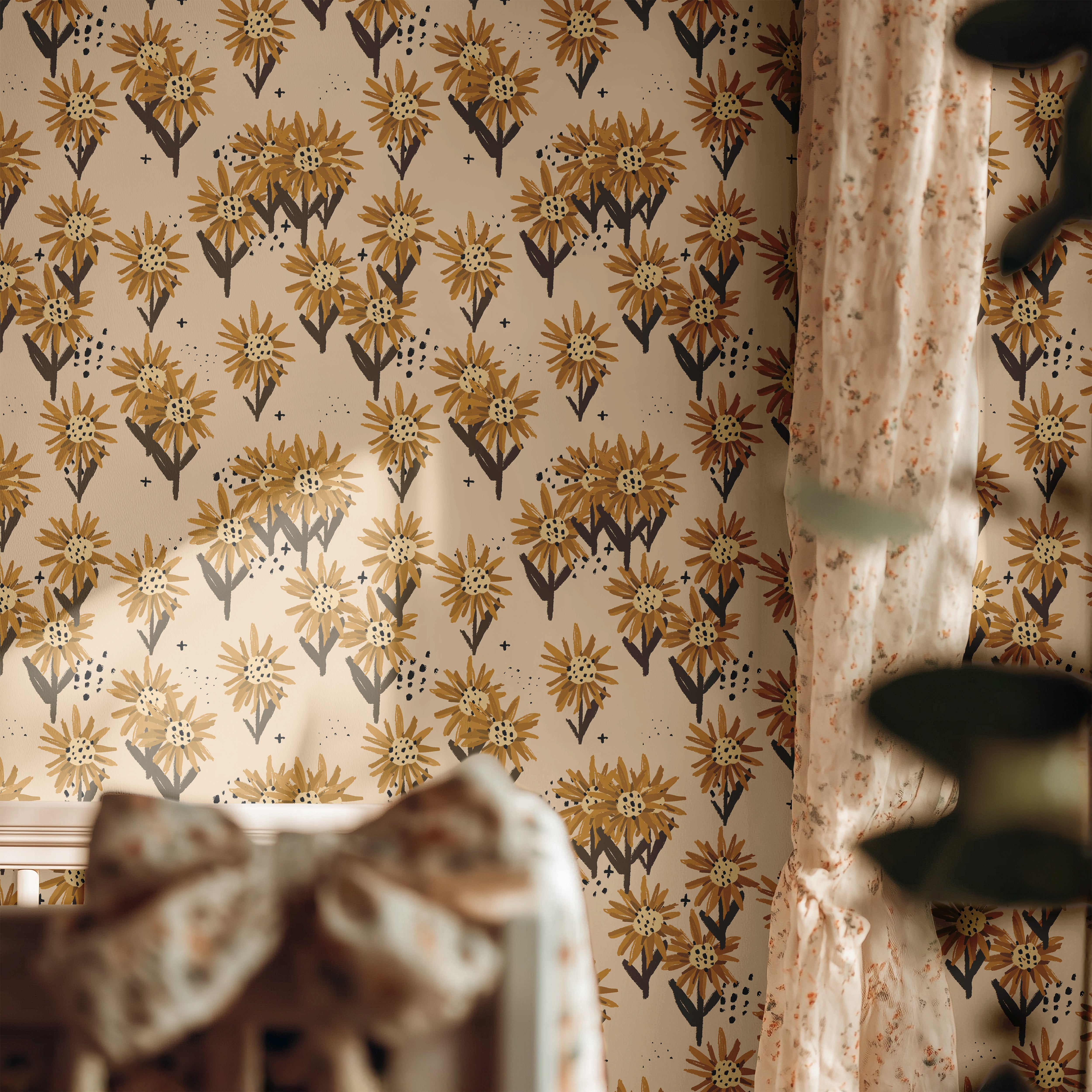 Hand painted sunflowers with stars wall covering in warm bedroom