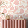 Close up of Blush floral wallpaper showcasing linen textures with beige leaves on a soft ivory background