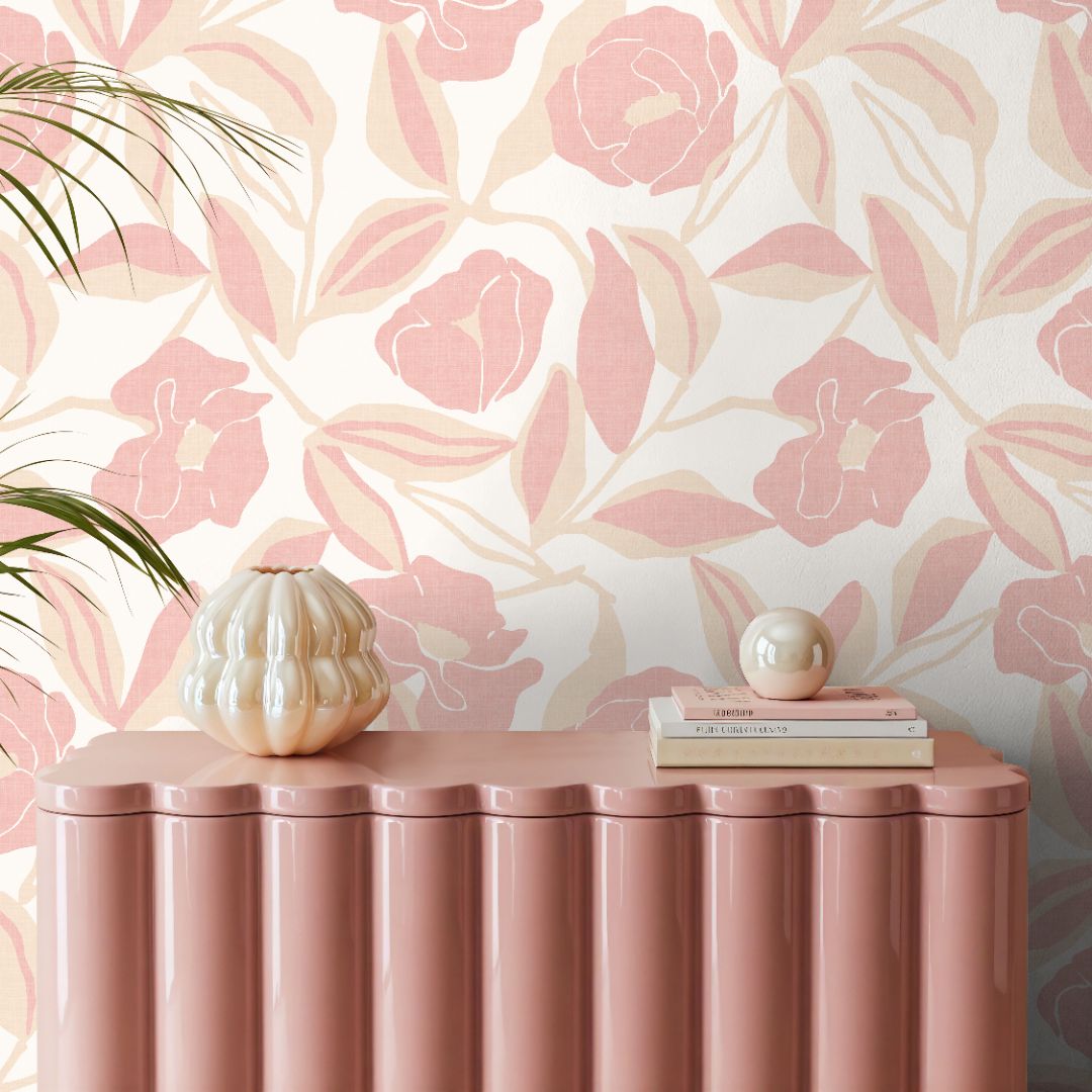Close up of Blush floral wallpaper showcasing linen textures with beige leaves on a soft ivory background