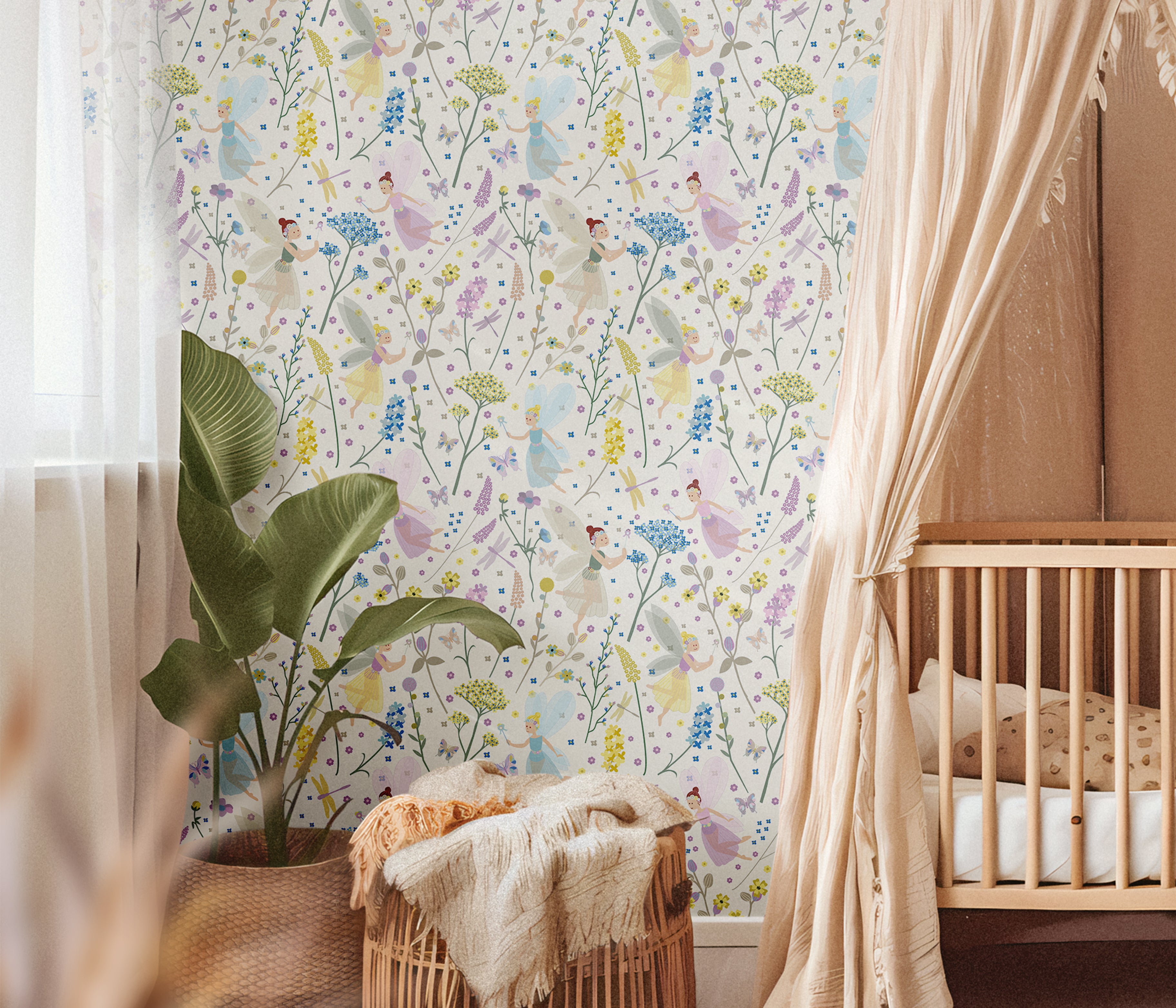 Blue yellow and pink fairy wallcovering in brightly lit nursery