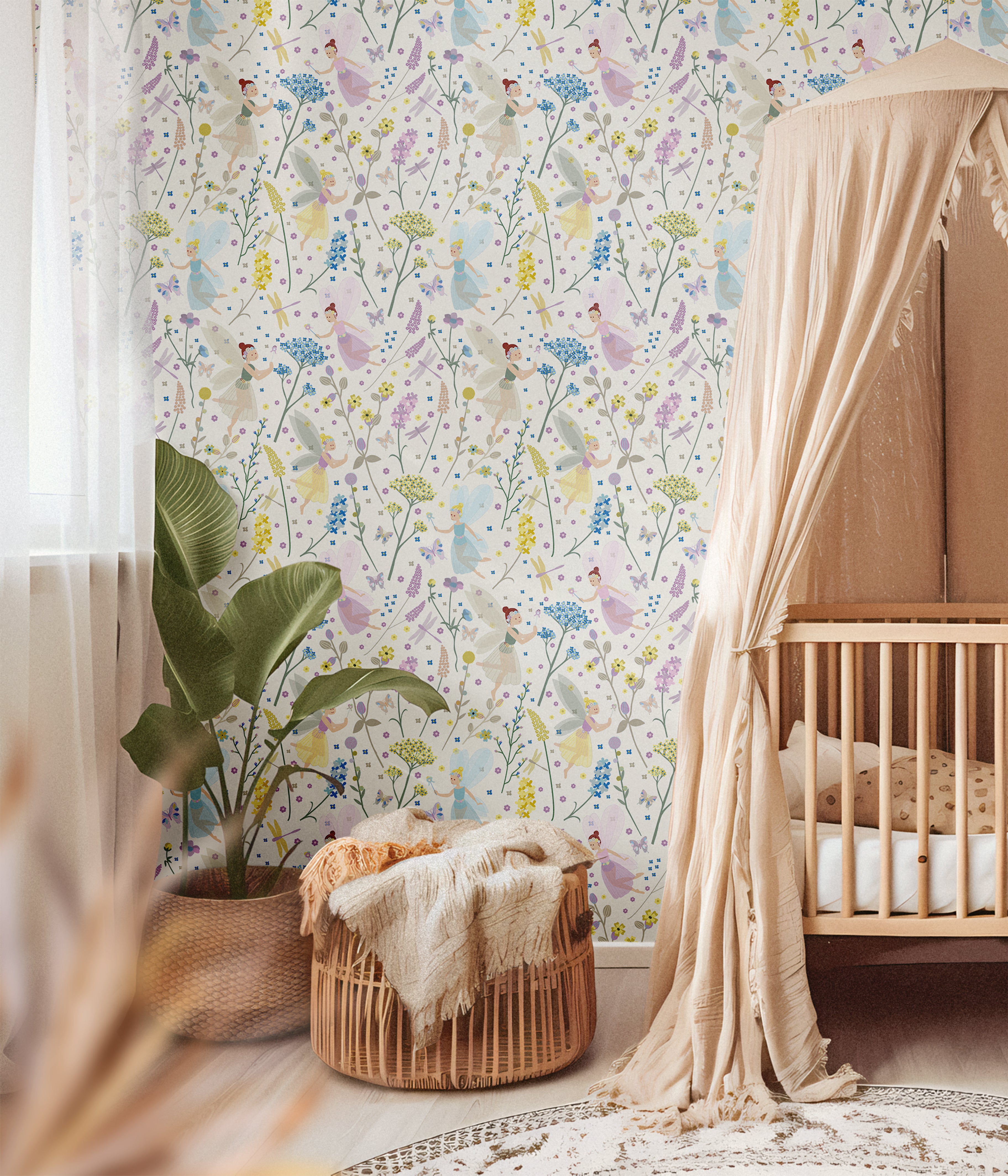 Blue yellow and pink fairy wallcovering in brightly lit nursery