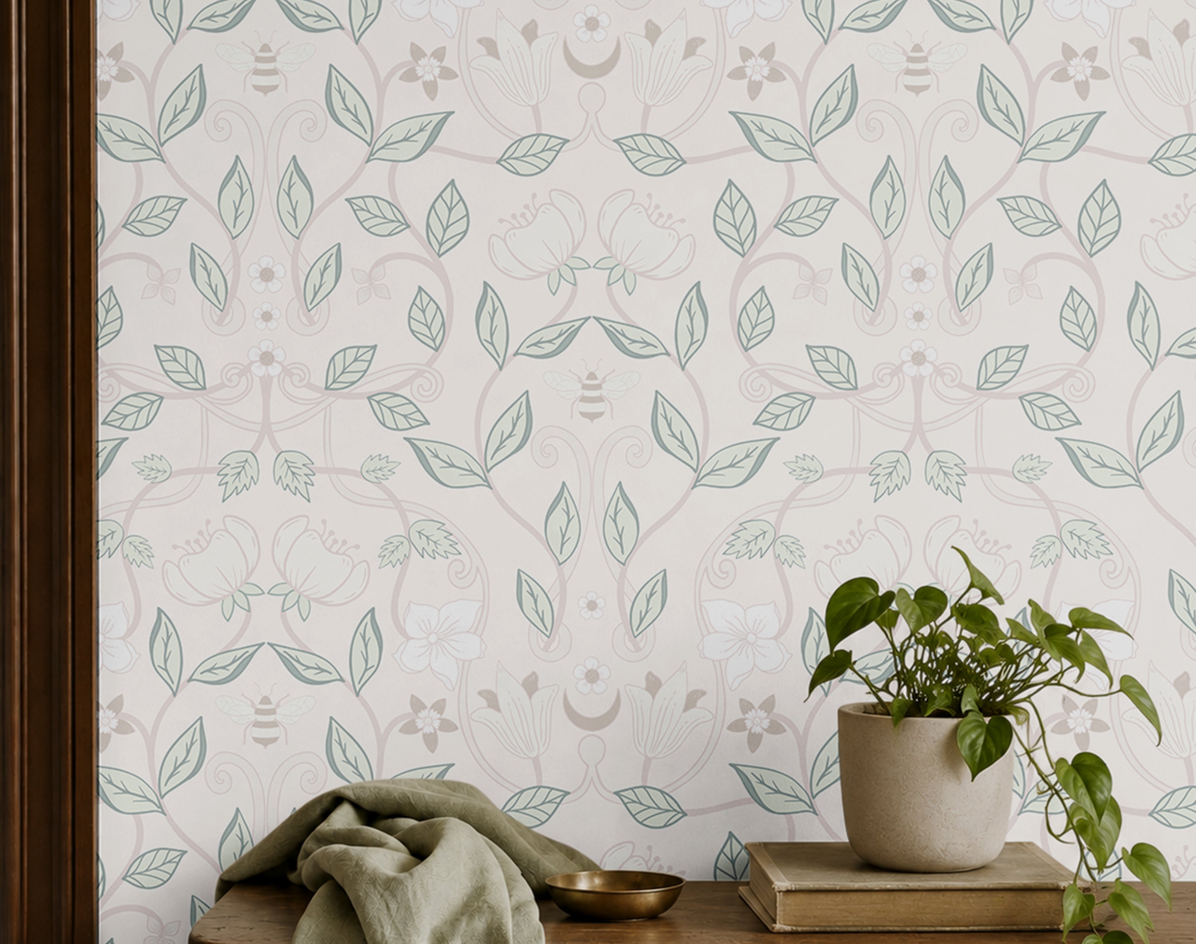 Pastel floral vines with muted cream and green vines and bumble bees, florals and moons 