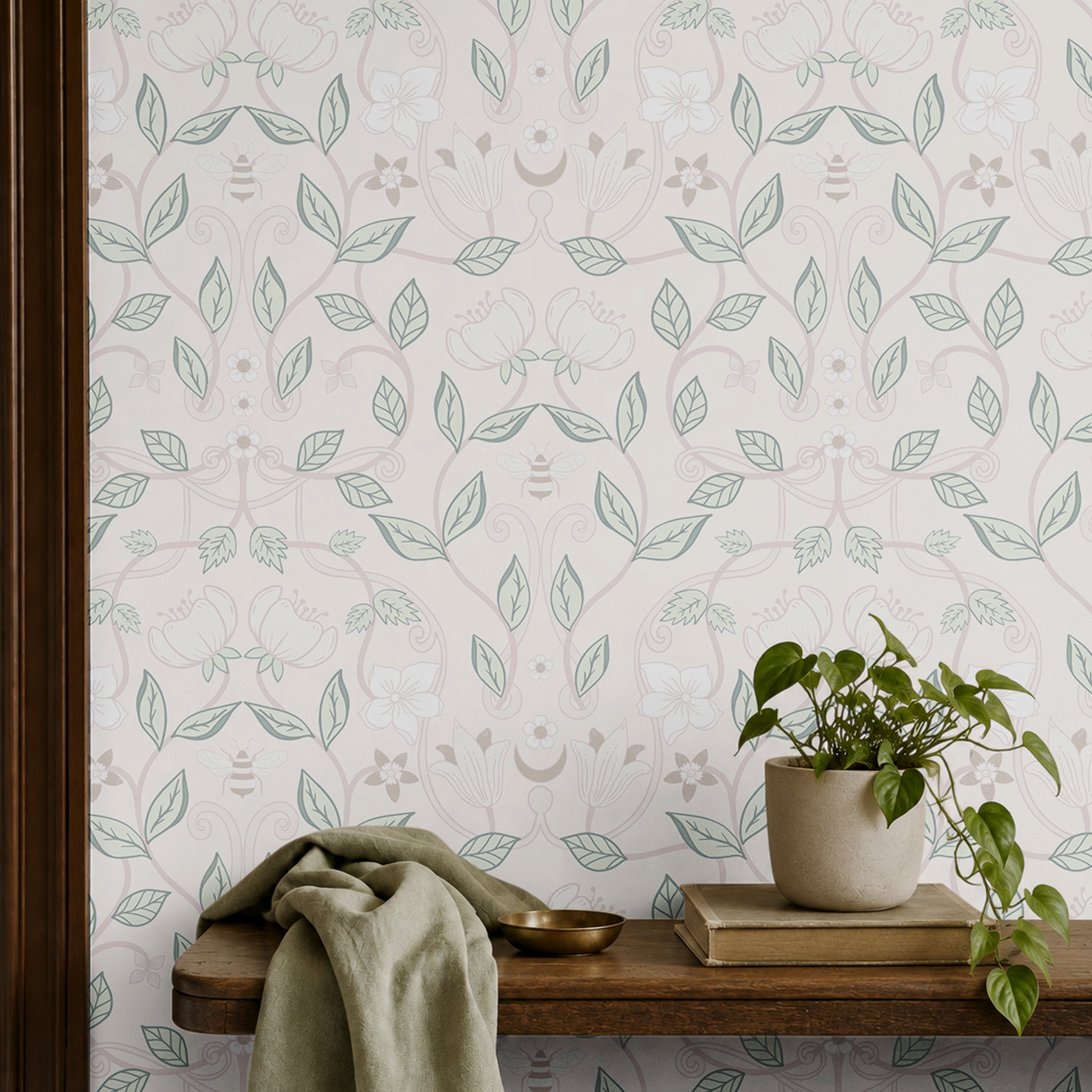 Pastel floral vines with muted cream and green vines and bumble bees, florals and moons 