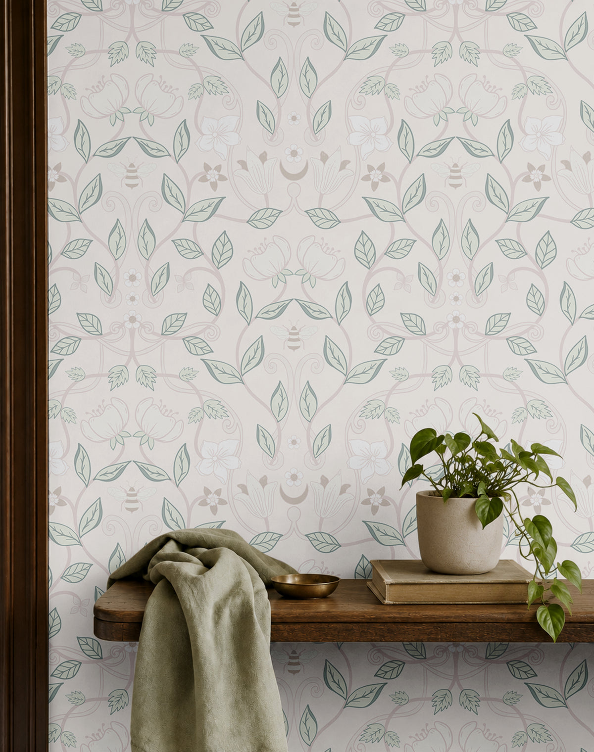 Pastel floral vines with muted cream and green vines and bumble bees, florals and moons 