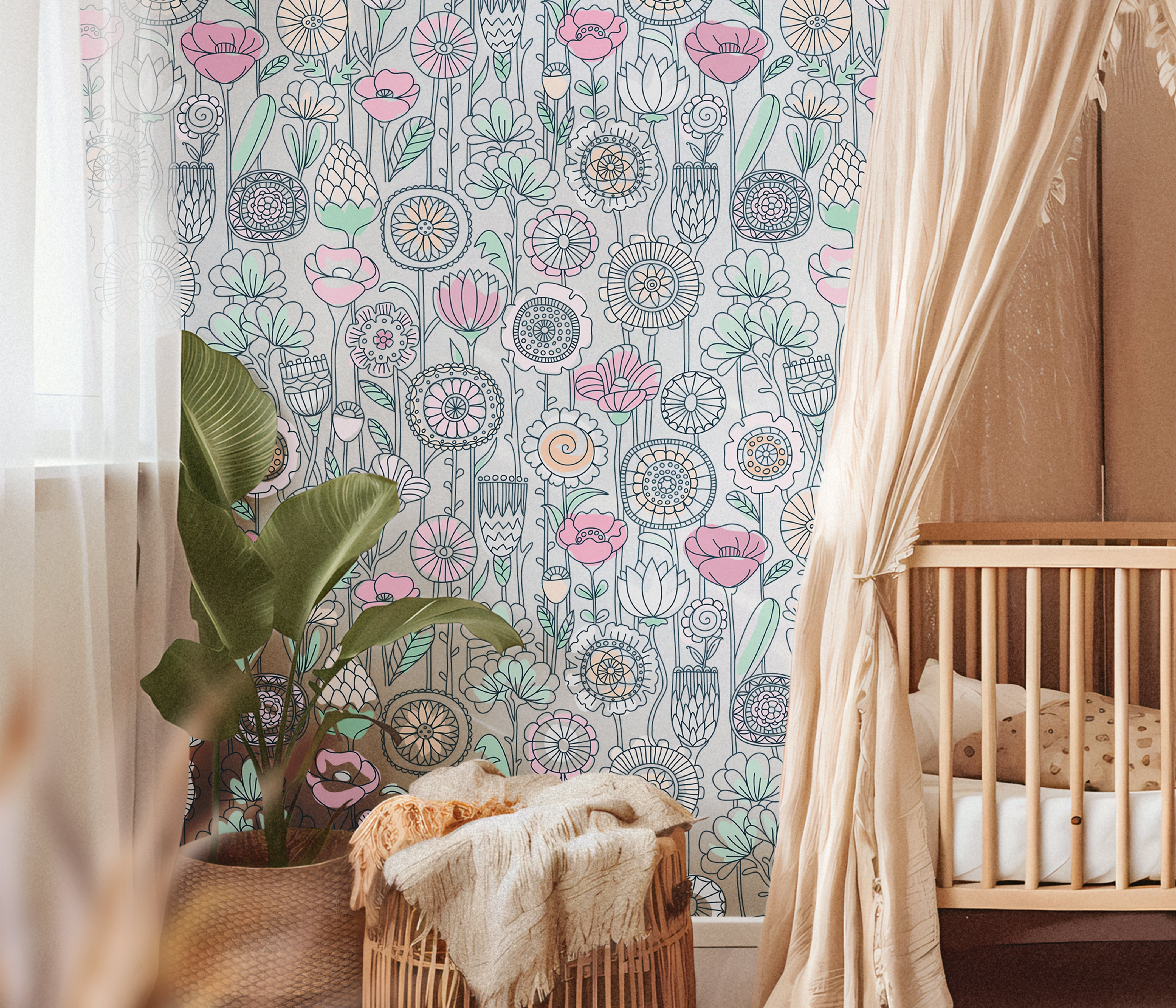 Pastel pink yellow and green wildflowers in nursery