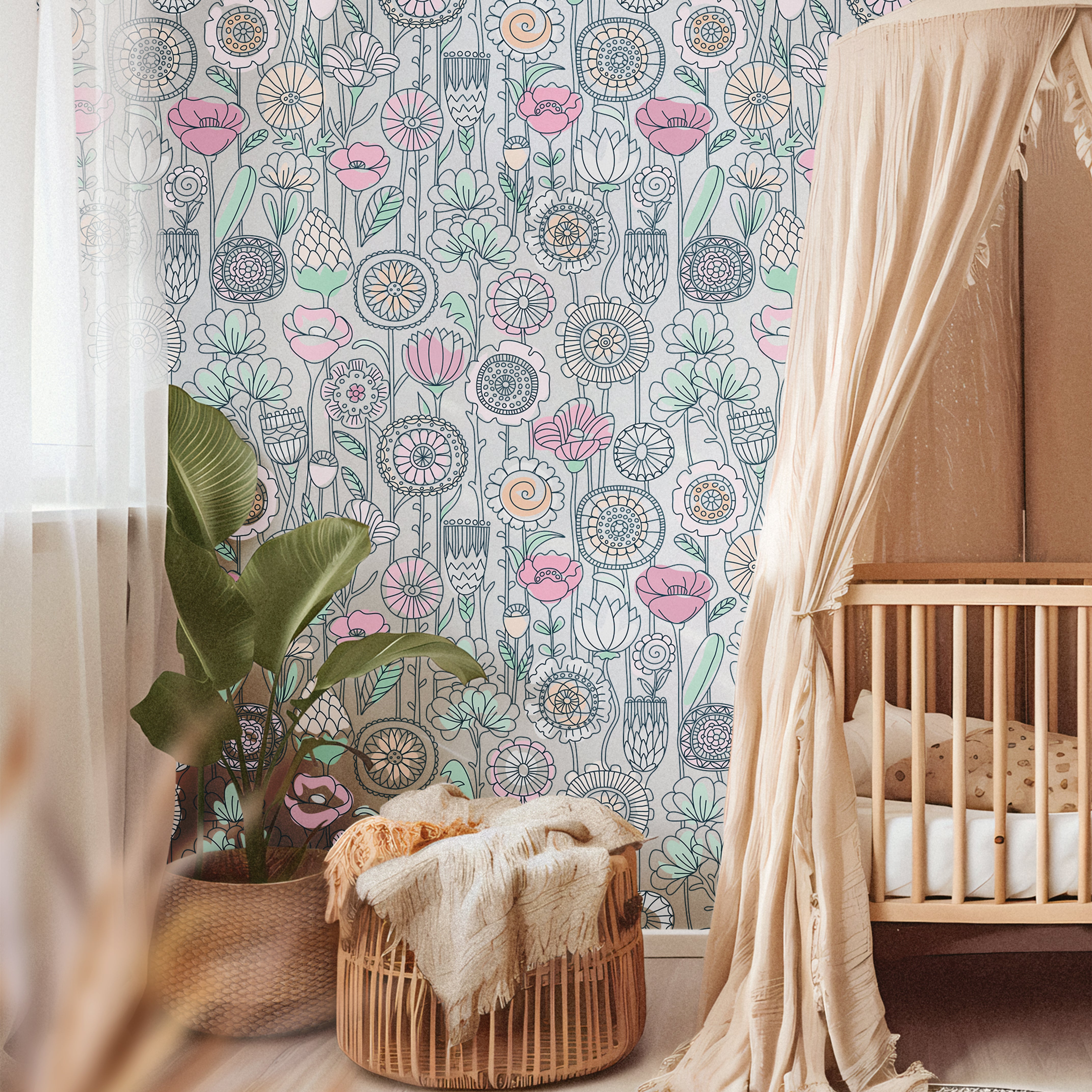 Pastel pink yellow and green wildflowers in nursery
