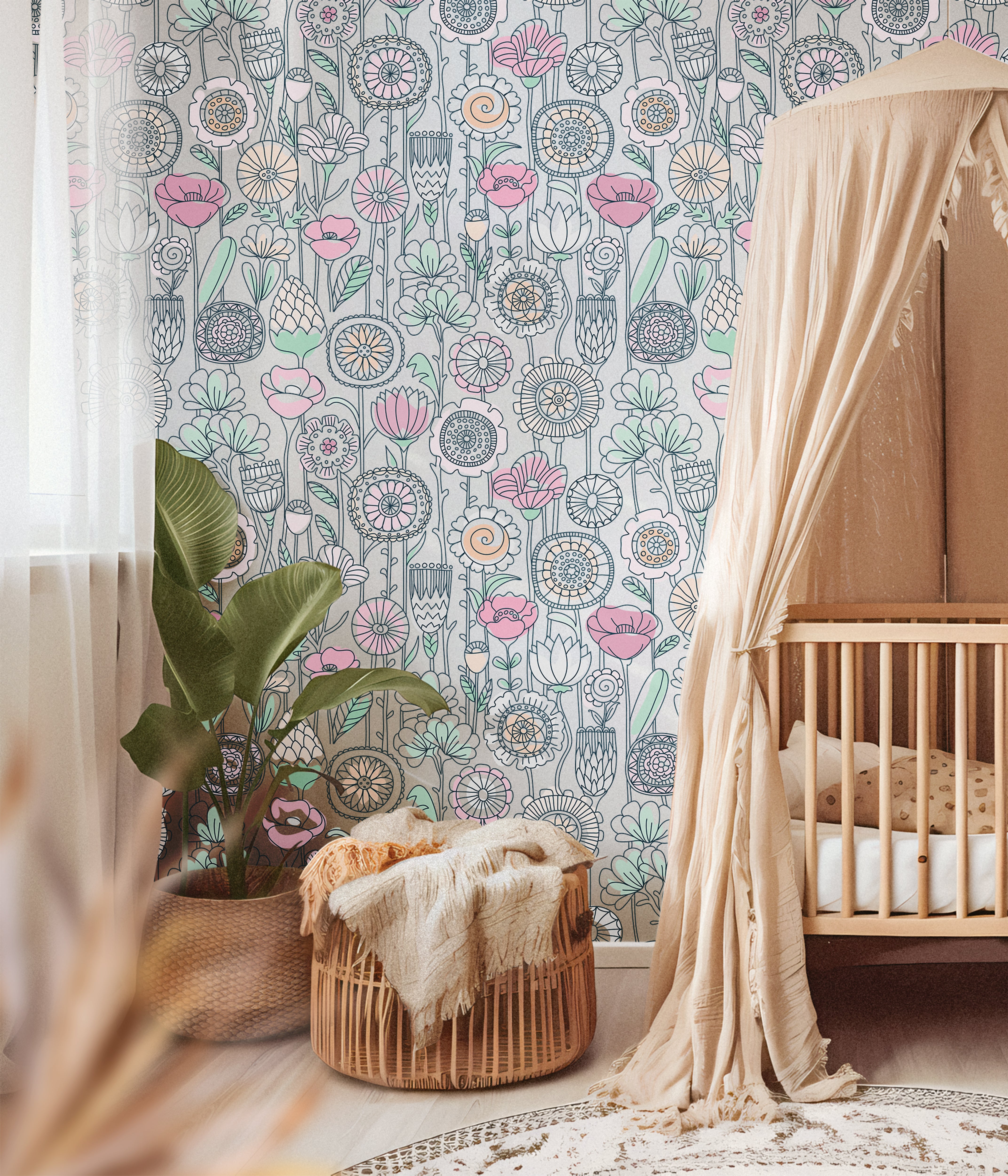 Pastel pink yellow and green wildflowers in nursery