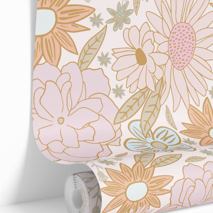 Roll of Peach Petal Field Wallpaper featuring peach, blush, and golden floral outlines with soft botanical detailing.