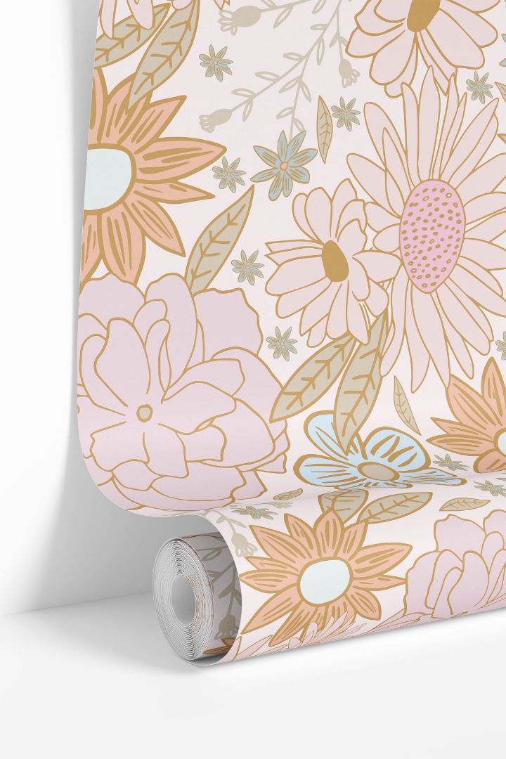 Roll of Peach Petal Field Wallpaper featuring peach, blush, and golden floral outlines with soft botanical detailing.