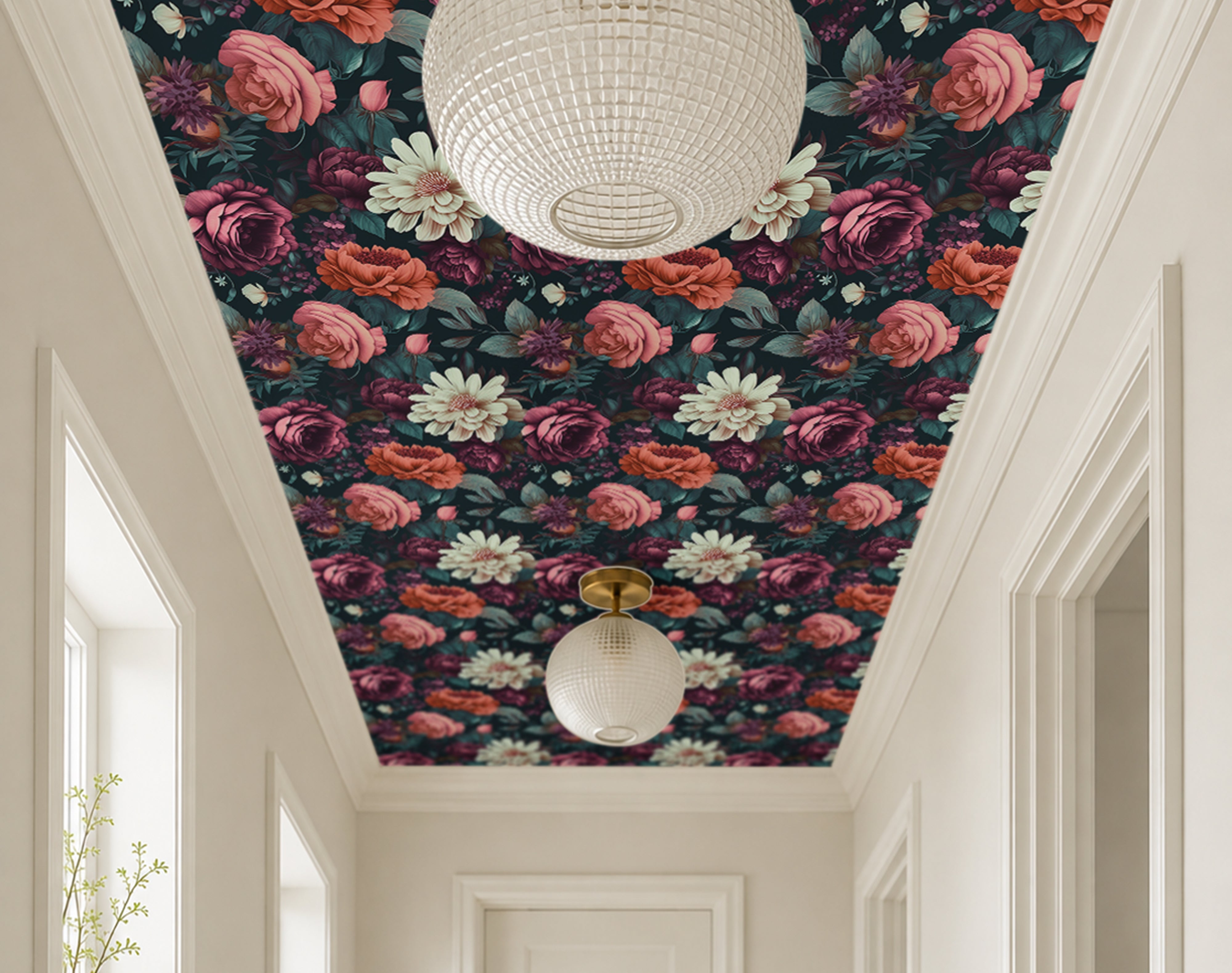  lush blooms in blush, coral, ivory, and deep rose tones set against a deep teal background with shadowed greenery, 