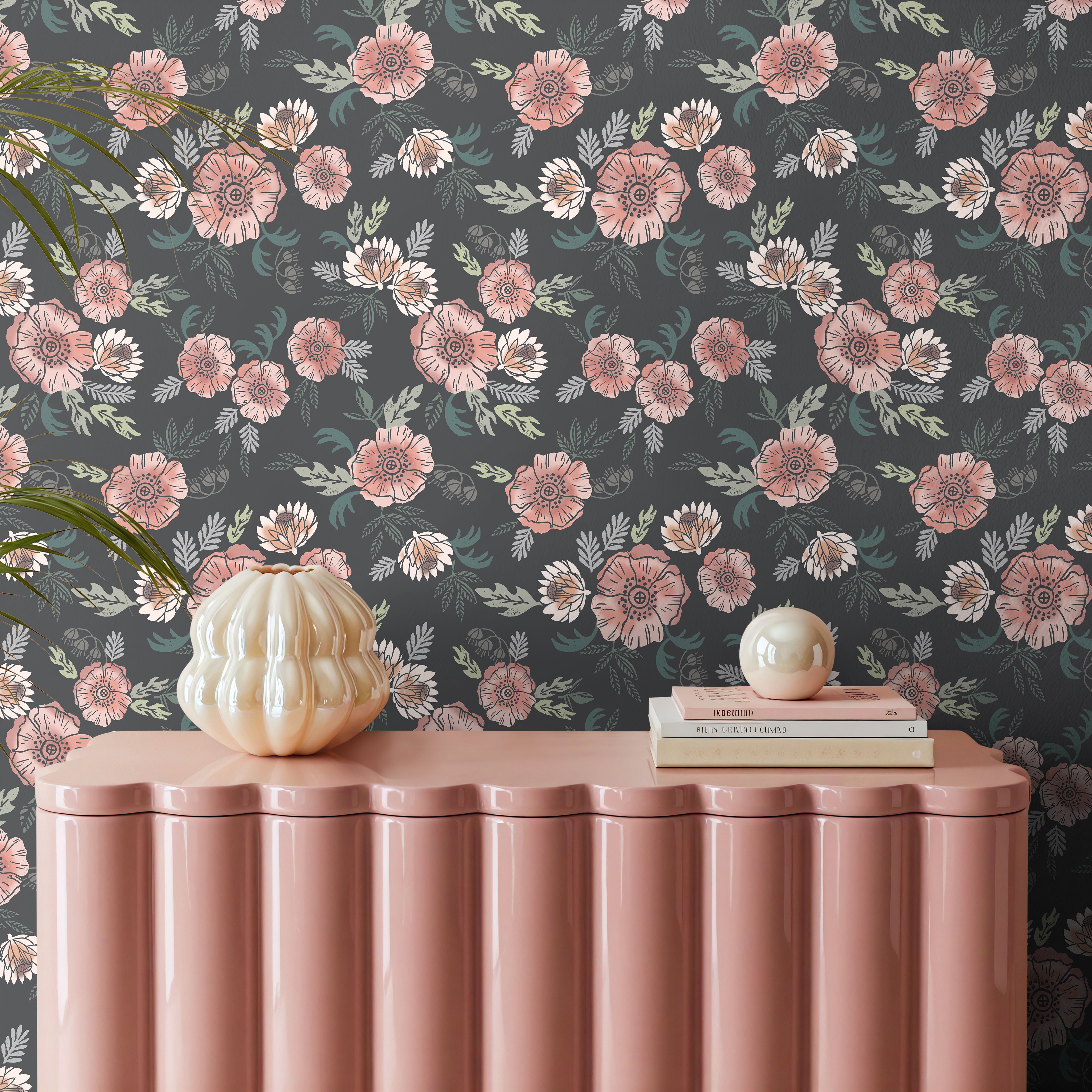Stamped pink and white florals on dark green in bright interior