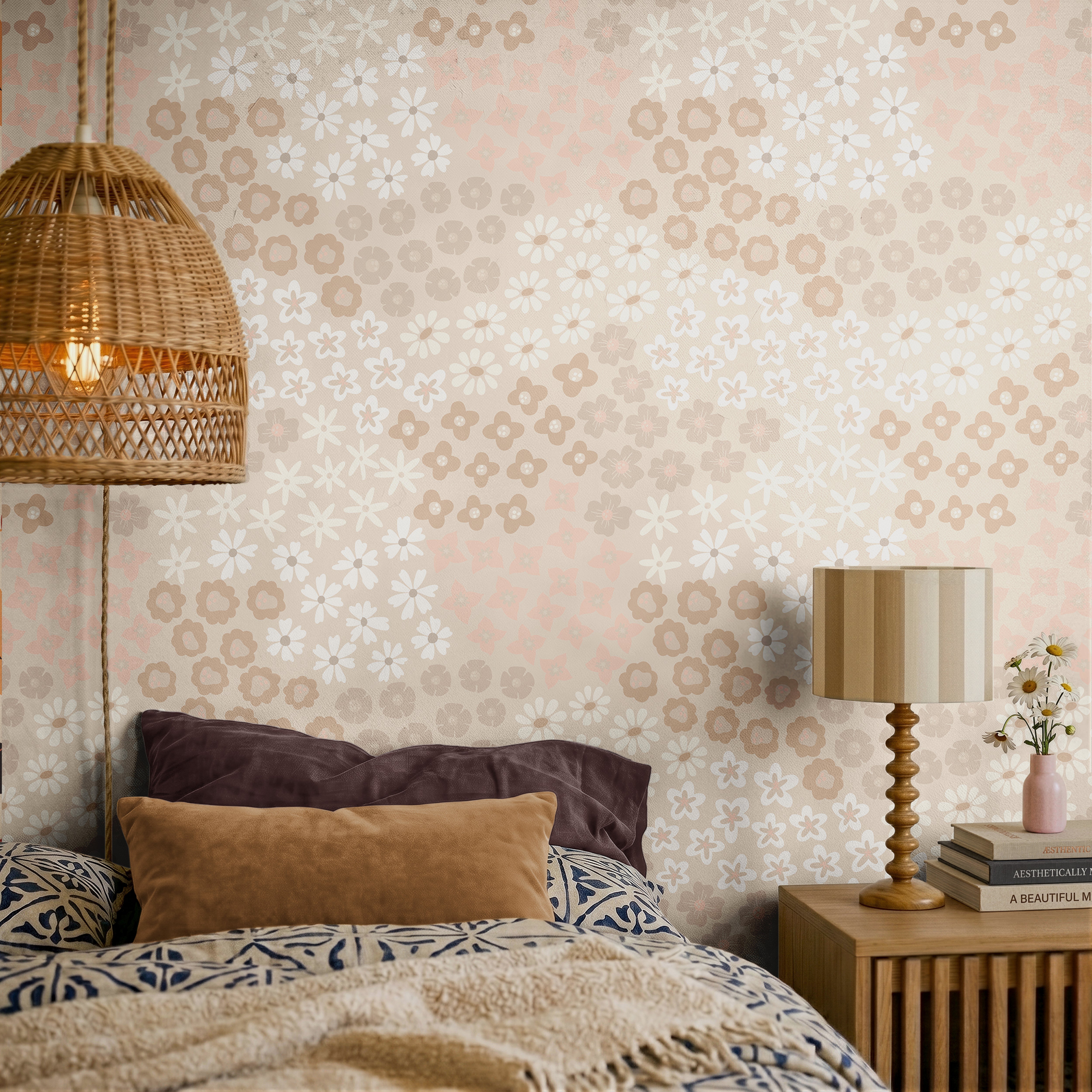 Warm earth toned florals in modern boho bedroom