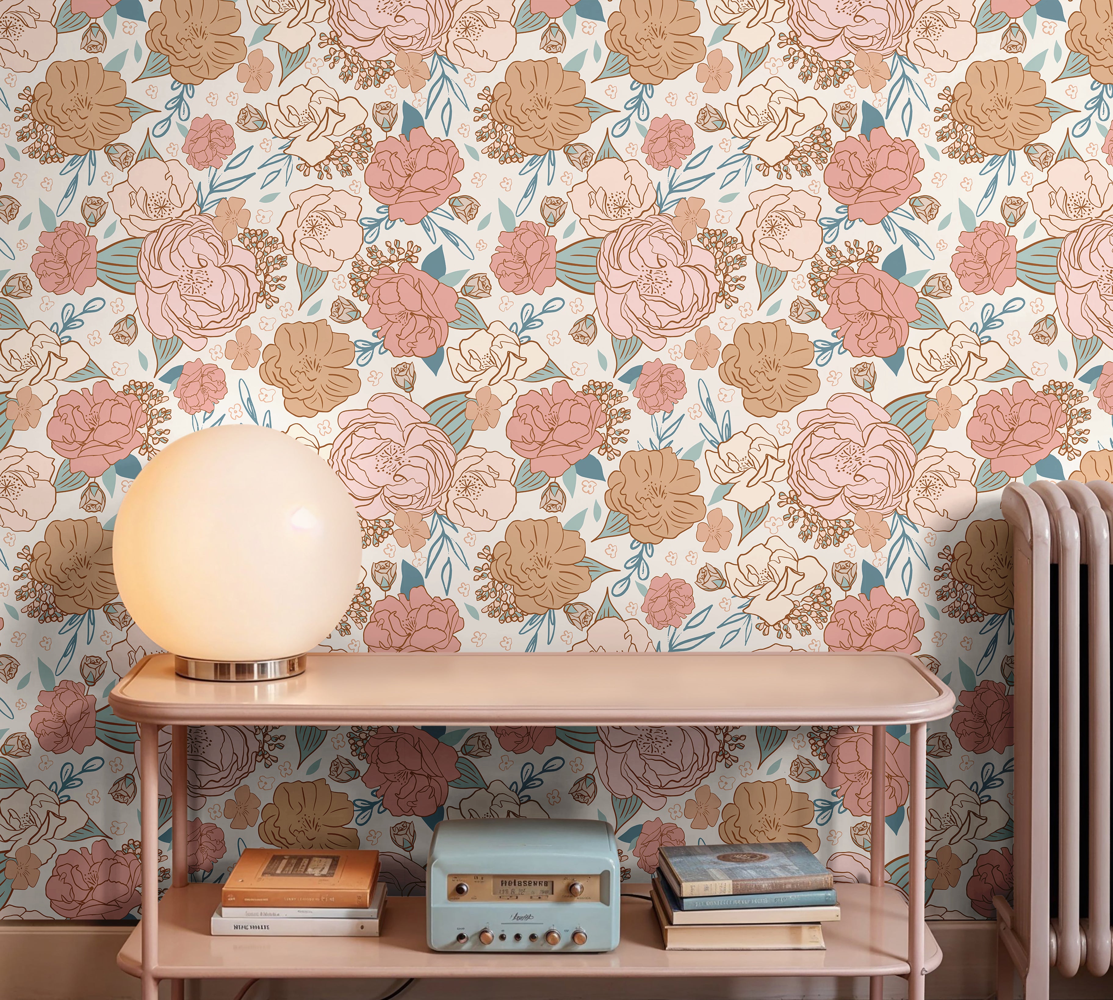 pink and orange large florals styled in living space