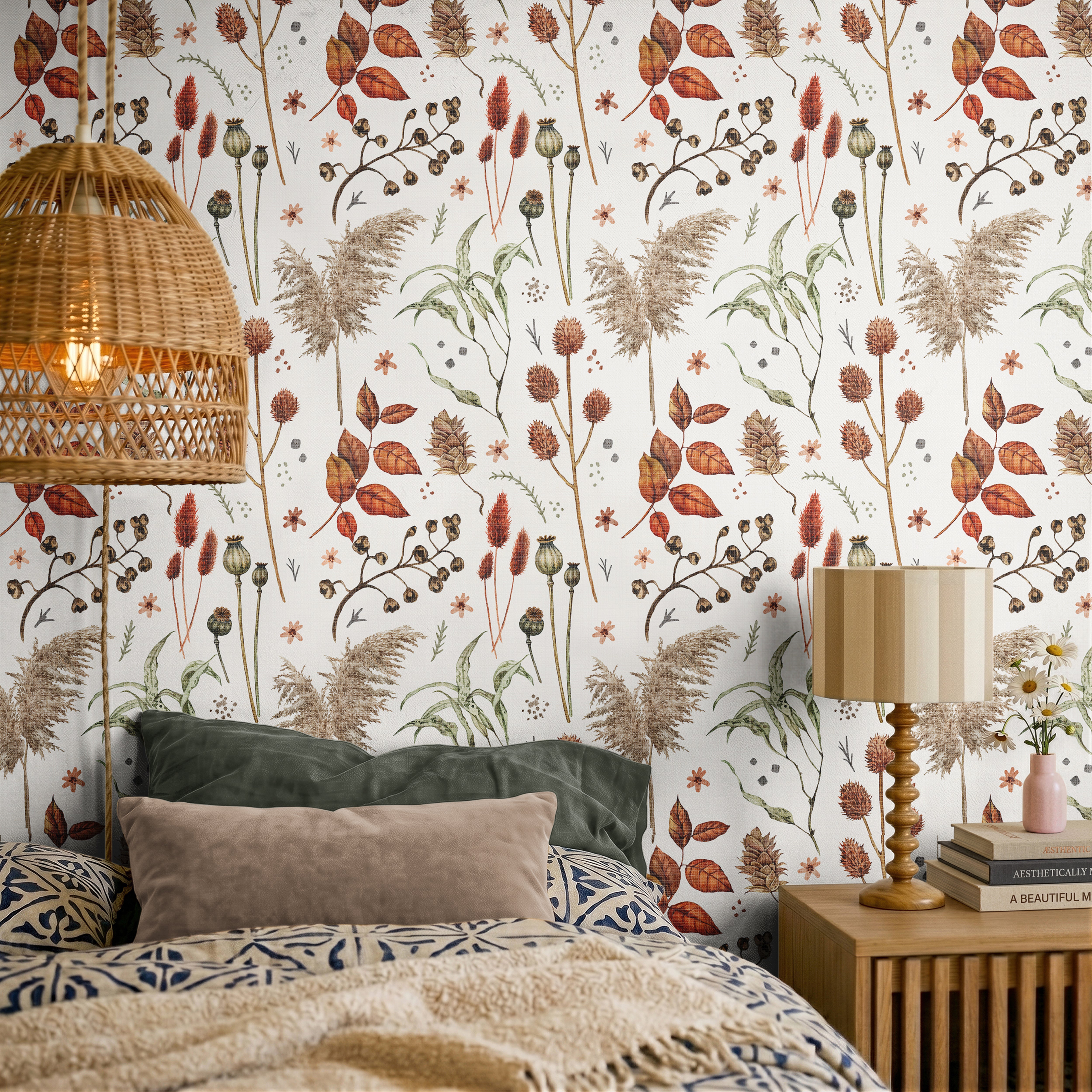 Grass, leaves and weeds floral in boho warm bedroom