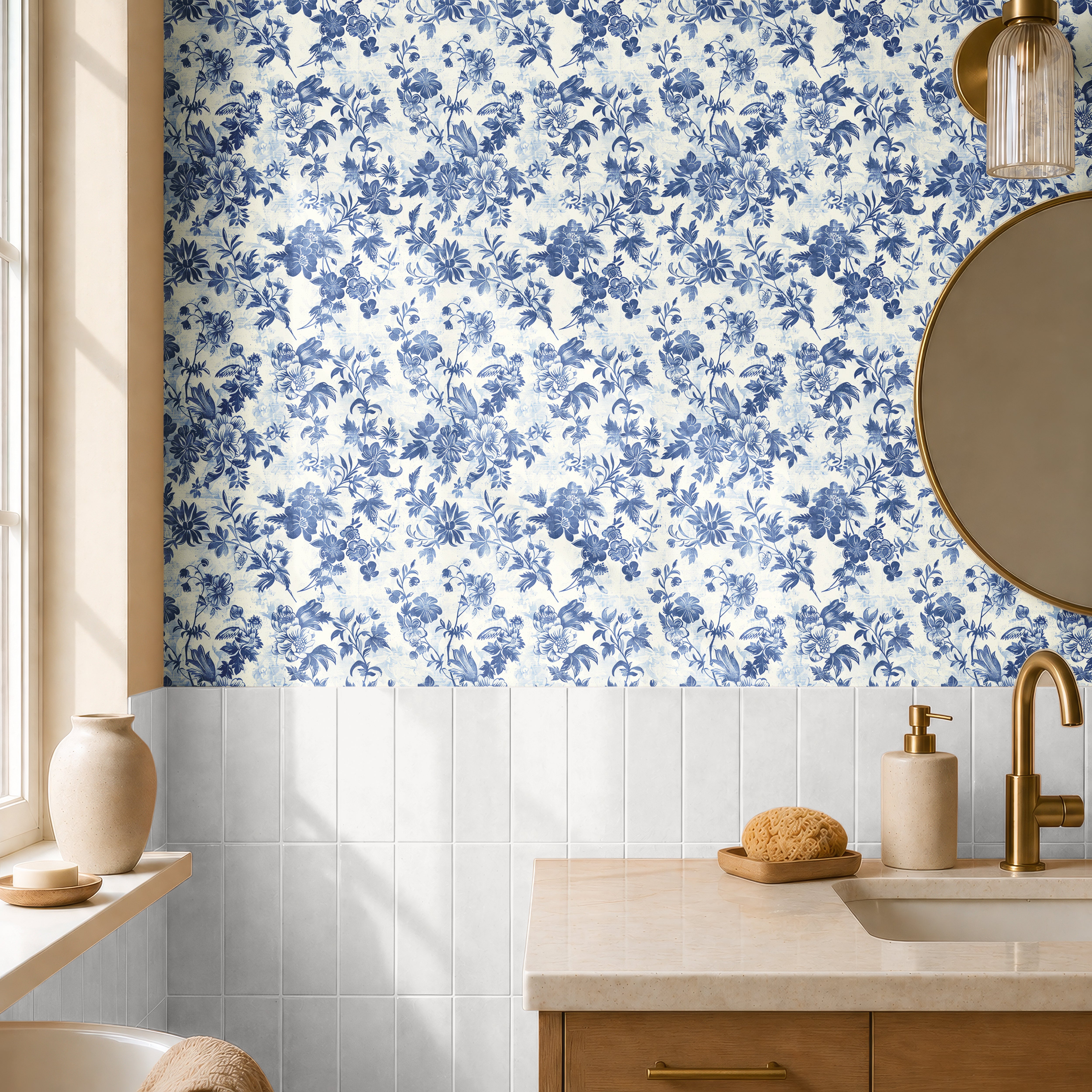 Vintage blue and white florals in warm natural bathroom