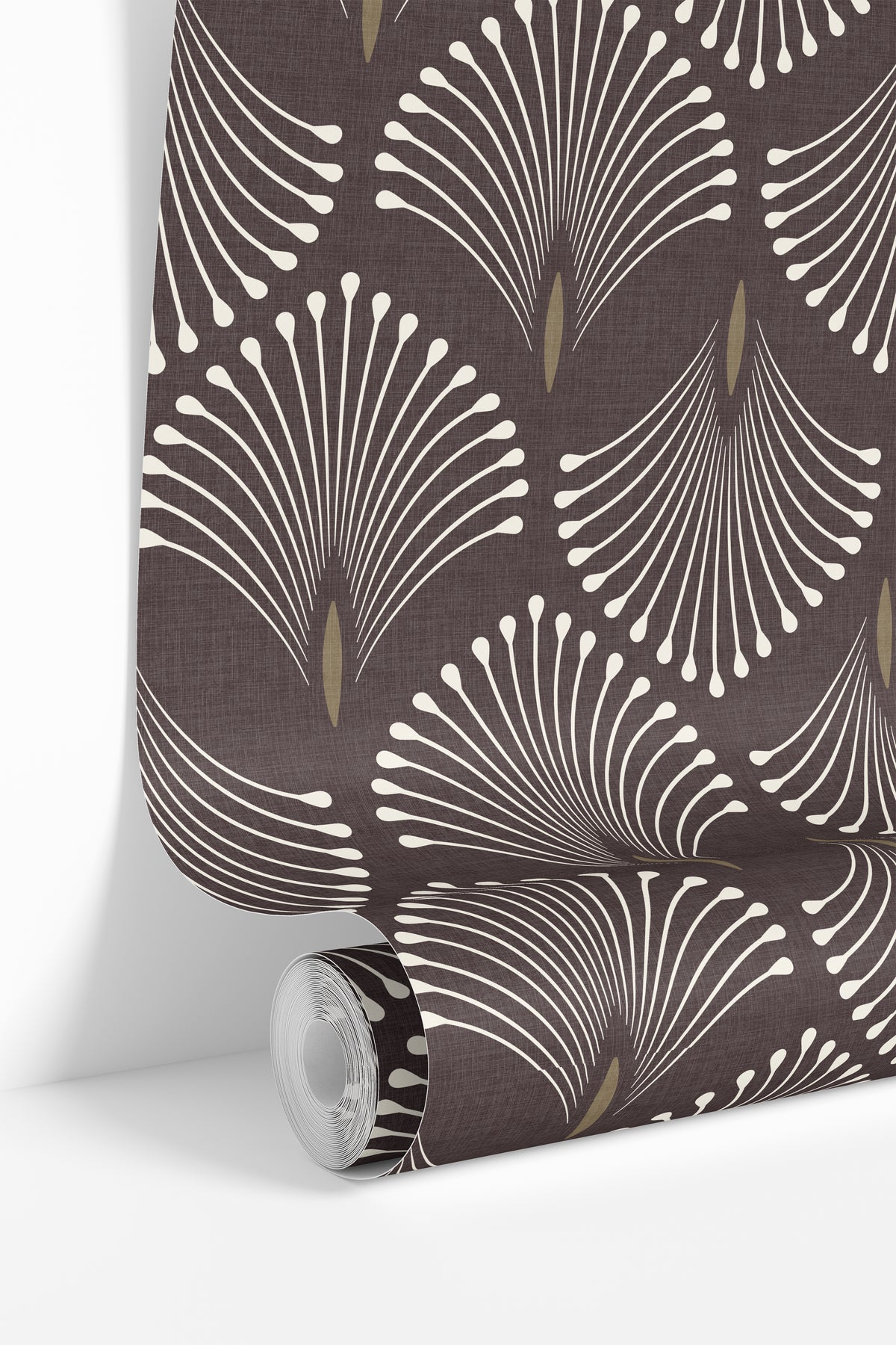 Rolled Port & Pin wallpaper showing warm ivory Art Deco fan motifs and antique-gold accents on a deep burgundy-plum ground.
