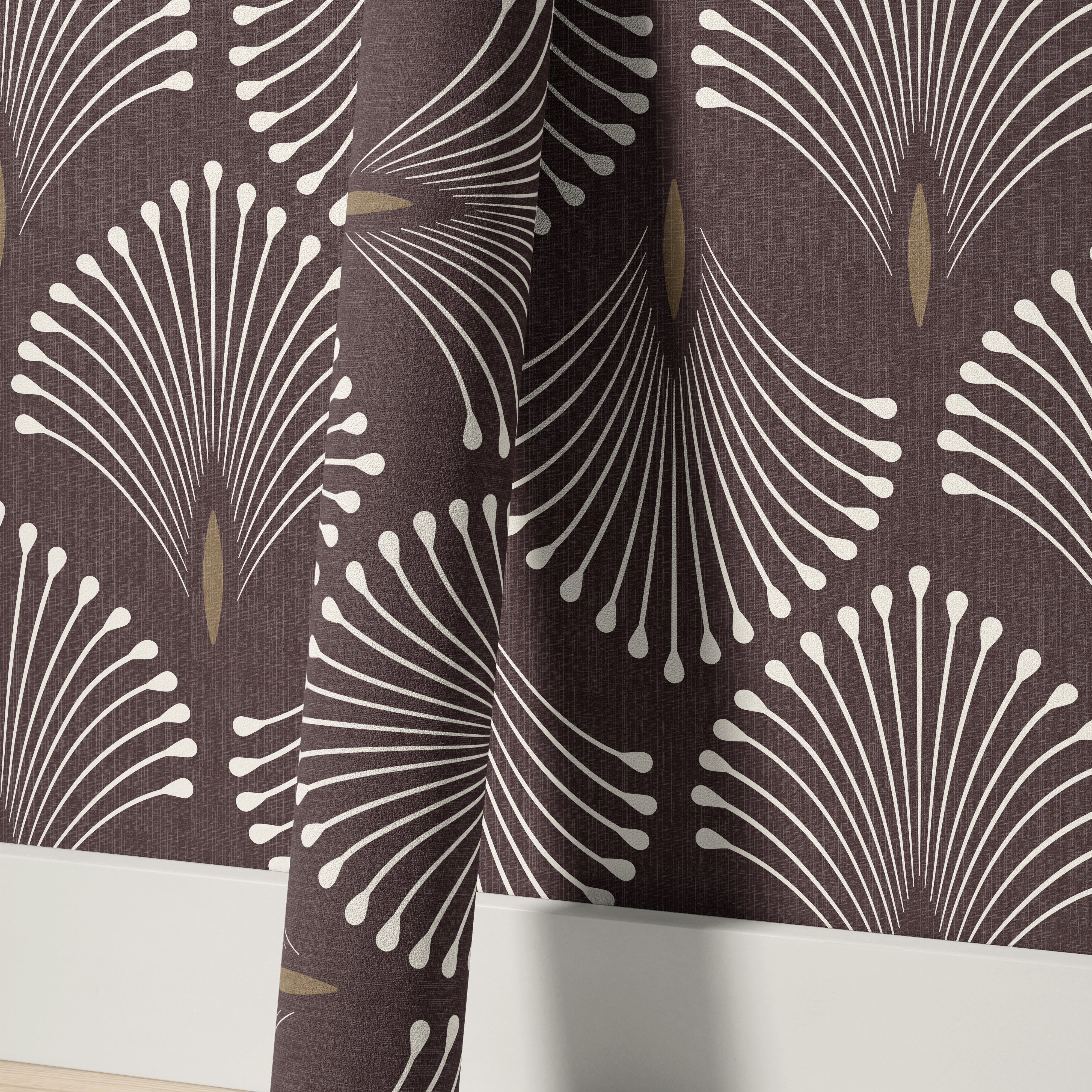 Close-up of a Port & Pin wallpaper roll with ivory radiating fan linework, muted gold details and a textured plum background.