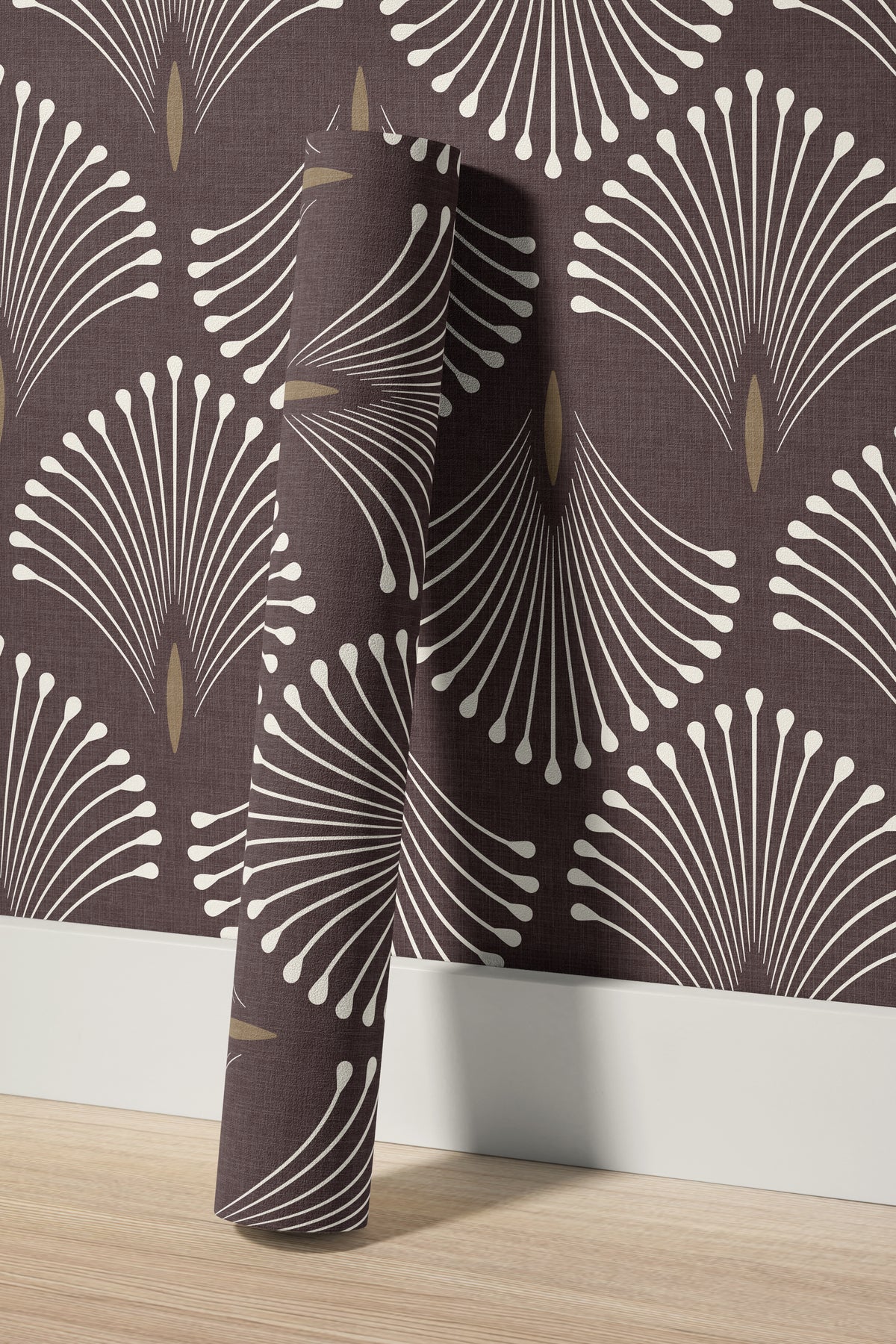 Close-up of a Port & Pin wallpaper roll with ivory radiating fan linework, muted gold details and a textured plum background.