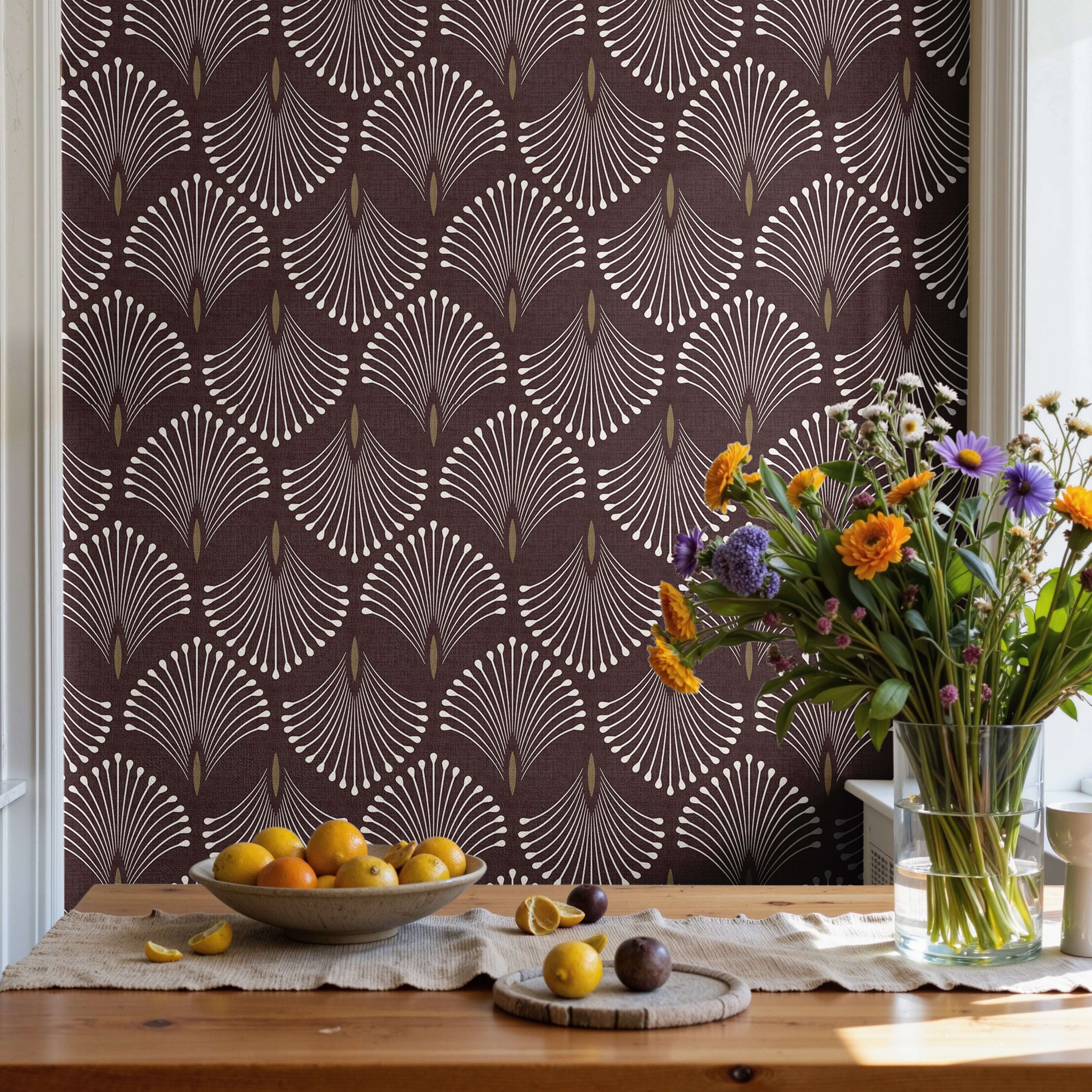 Dining room interior featuring Port & Pin plum geometric wallpaper with ivory fan motifs and antique-gold accents.