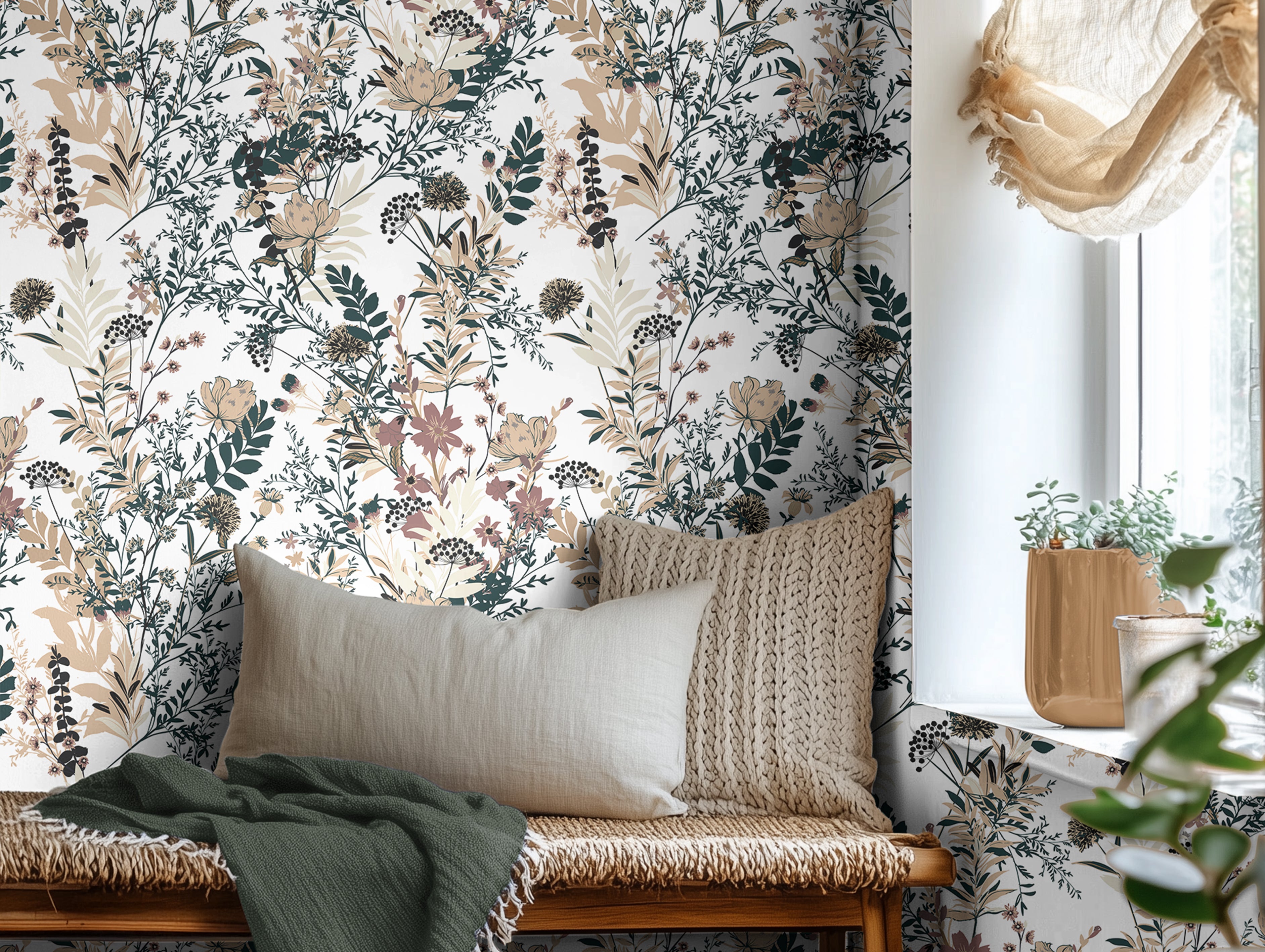 dried florals and forest findings, this earthy wallpaper features soft botanical illustrations in muted greens, mustard, and burgundy