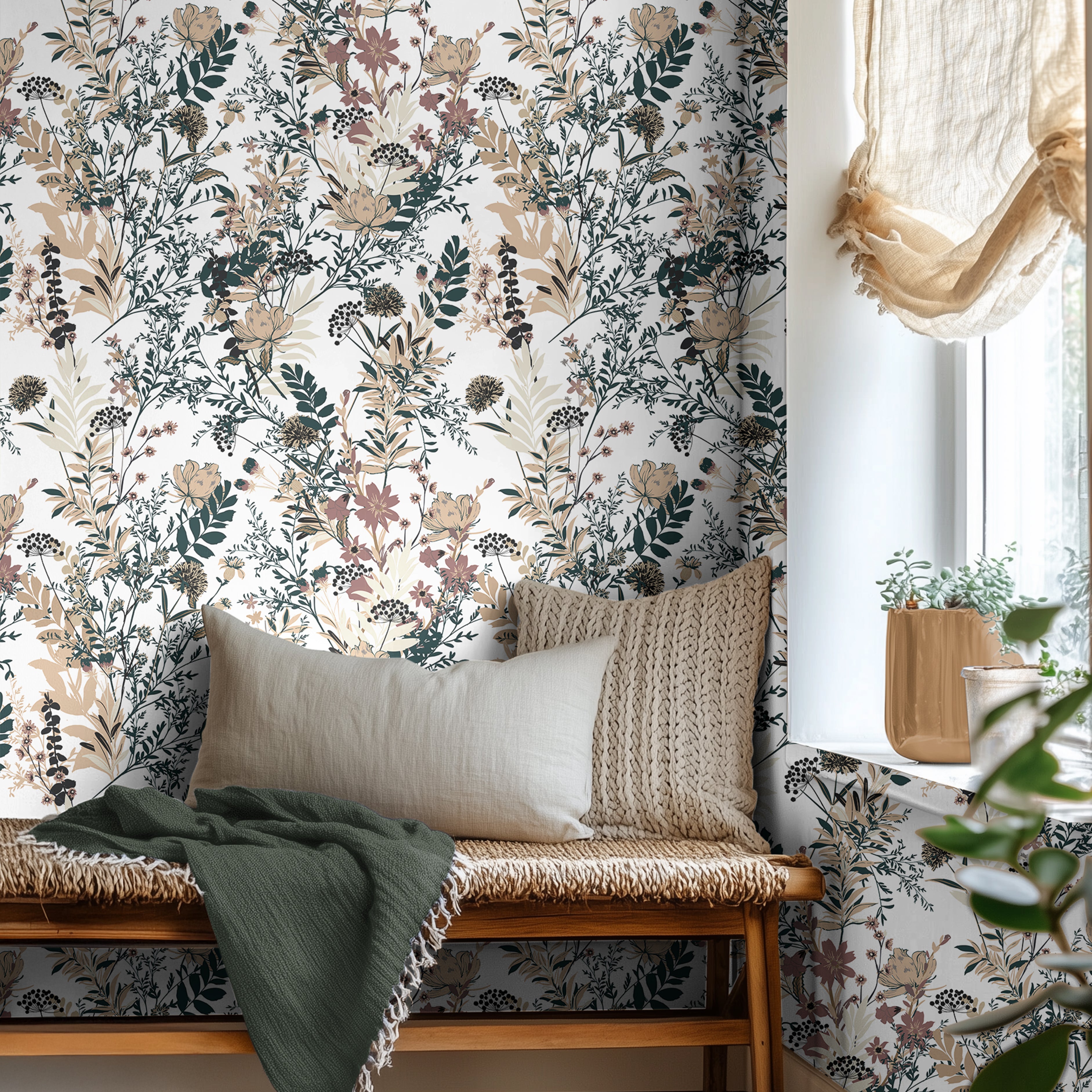 dried florals and forest findings, this earthy wallpaper features soft botanical illustrations in muted greens, mustard, and burgundy