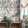 dried florals and forest findings, this earthy wallpaper features soft botanical illustrations in muted greens, mustard, and burgundy