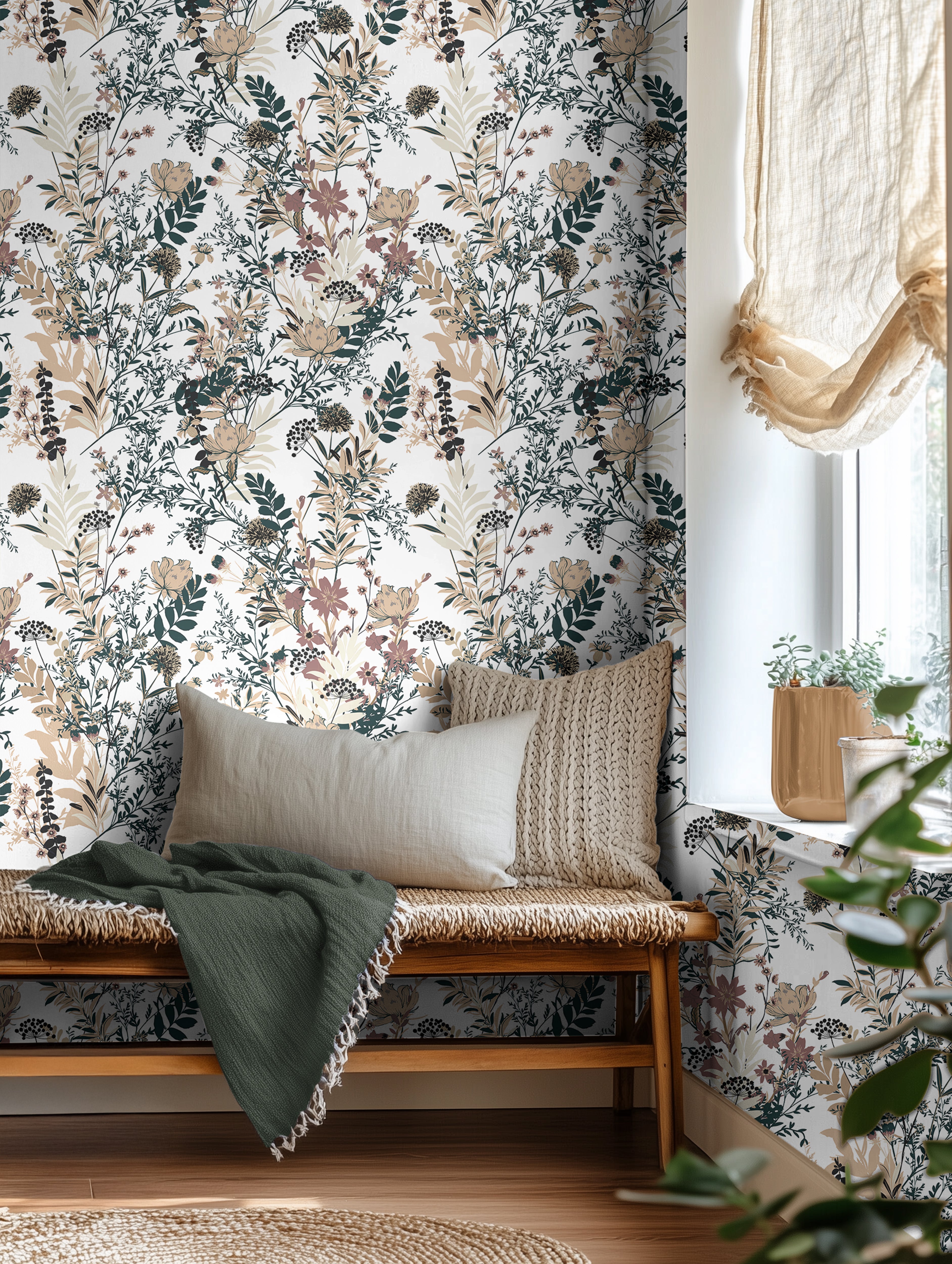 dried florals and forest findings, this earthy wallpaper features soft botanical illustrations in muted greens, mustard, and burgundy