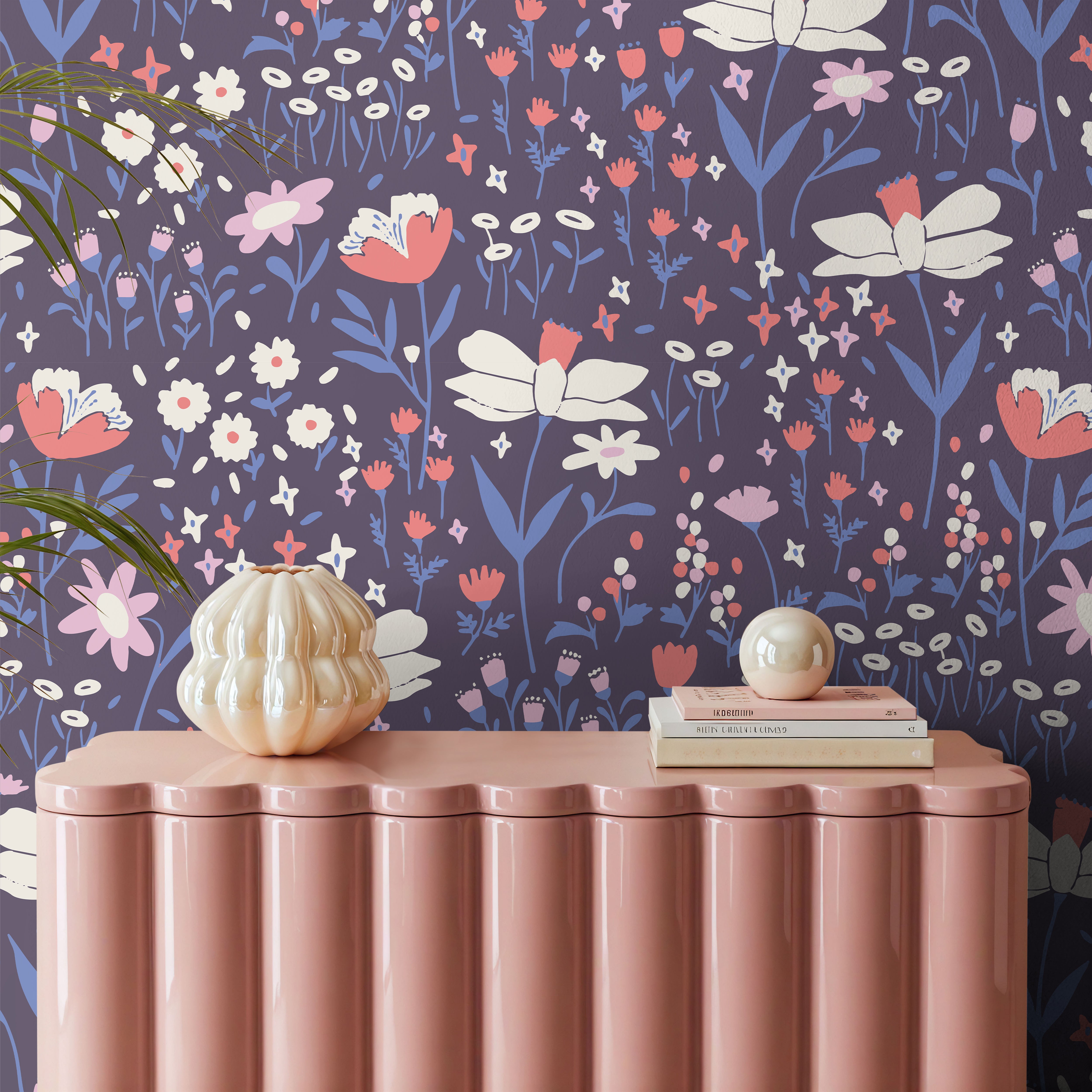 Purple gardens styled behind pink credenza in living space
