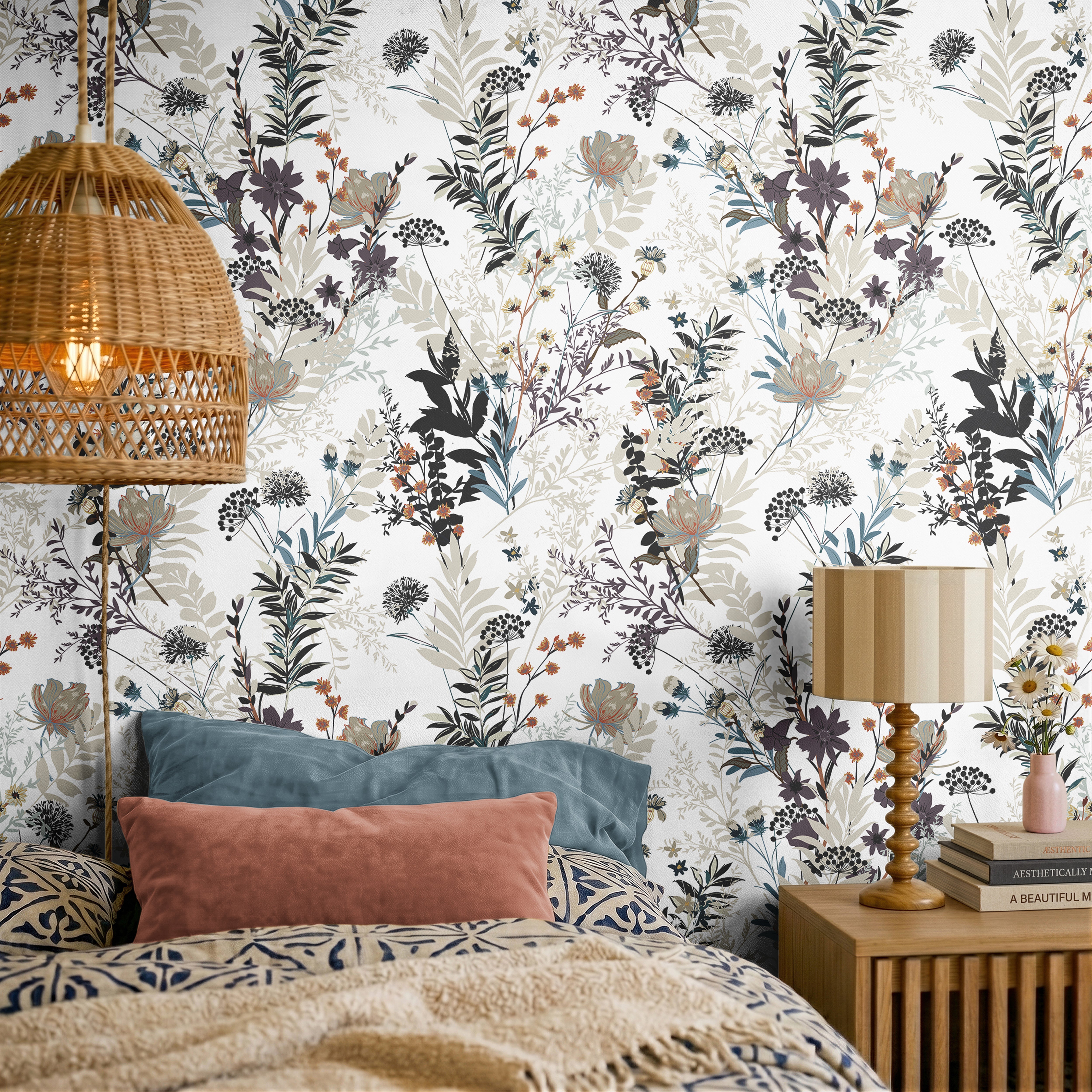 Ivory botanical wallpaper with delicate wildflowers and leafy stems in charcoal, muted blue, sage, taupe, and soft orange, styled in a cozy bedroom with natural wood and layered neutral bedding.
