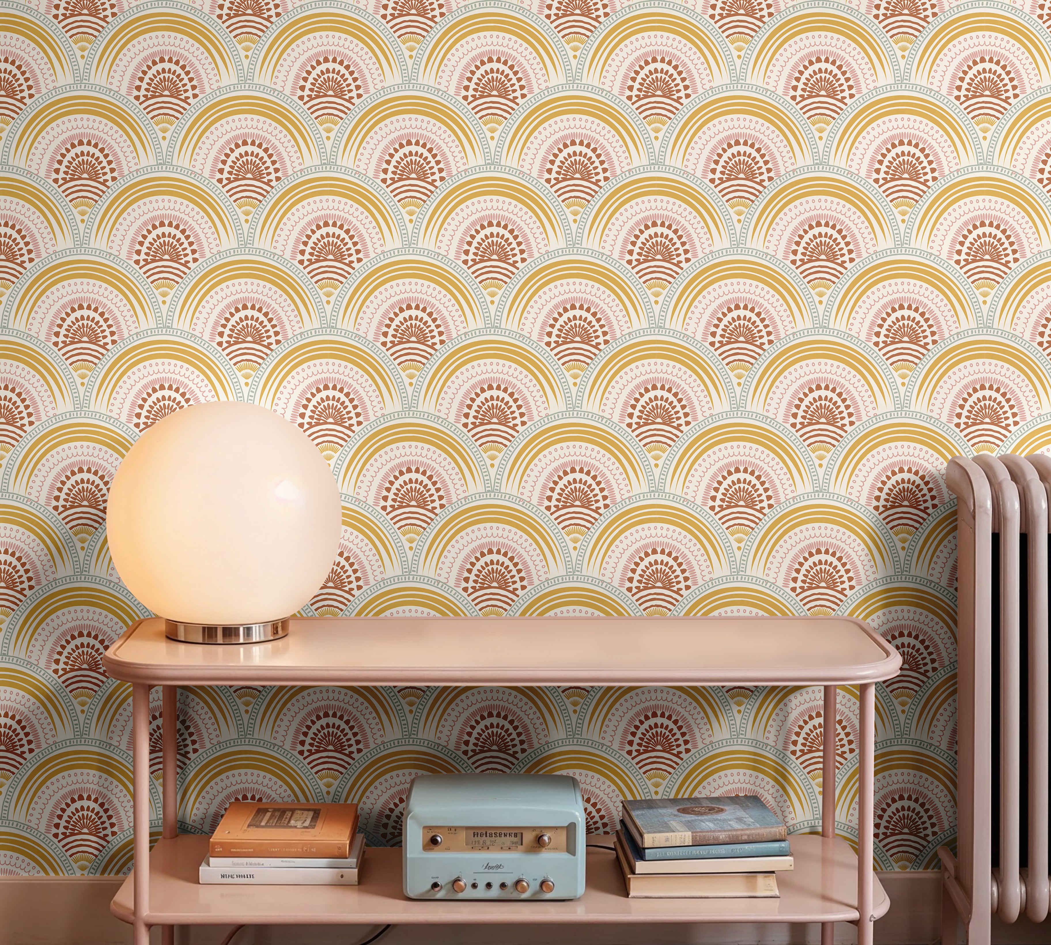 muted boho colored rainbows with art deco patterns in muted living room