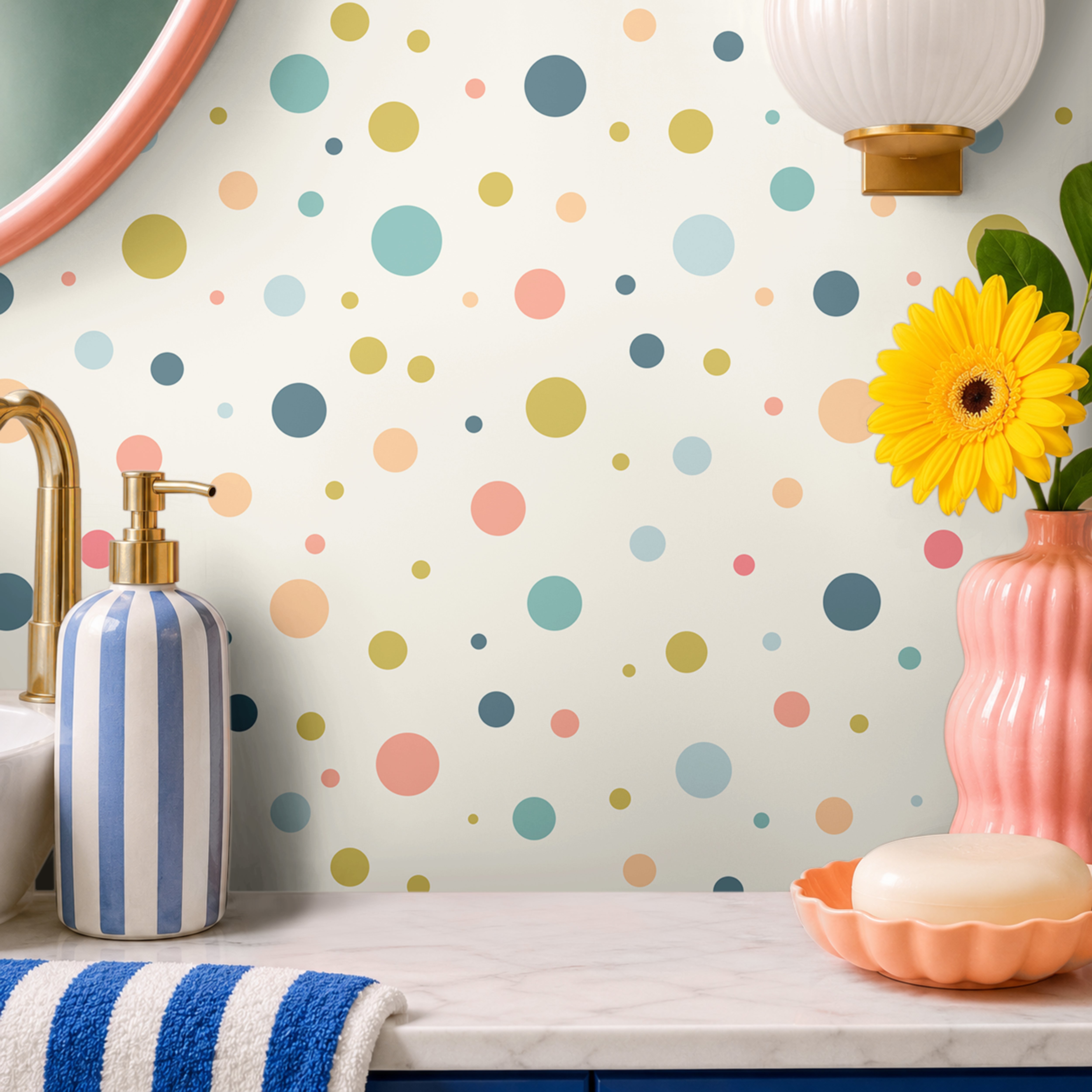 Rainbow Polka dots in colorful bathroom