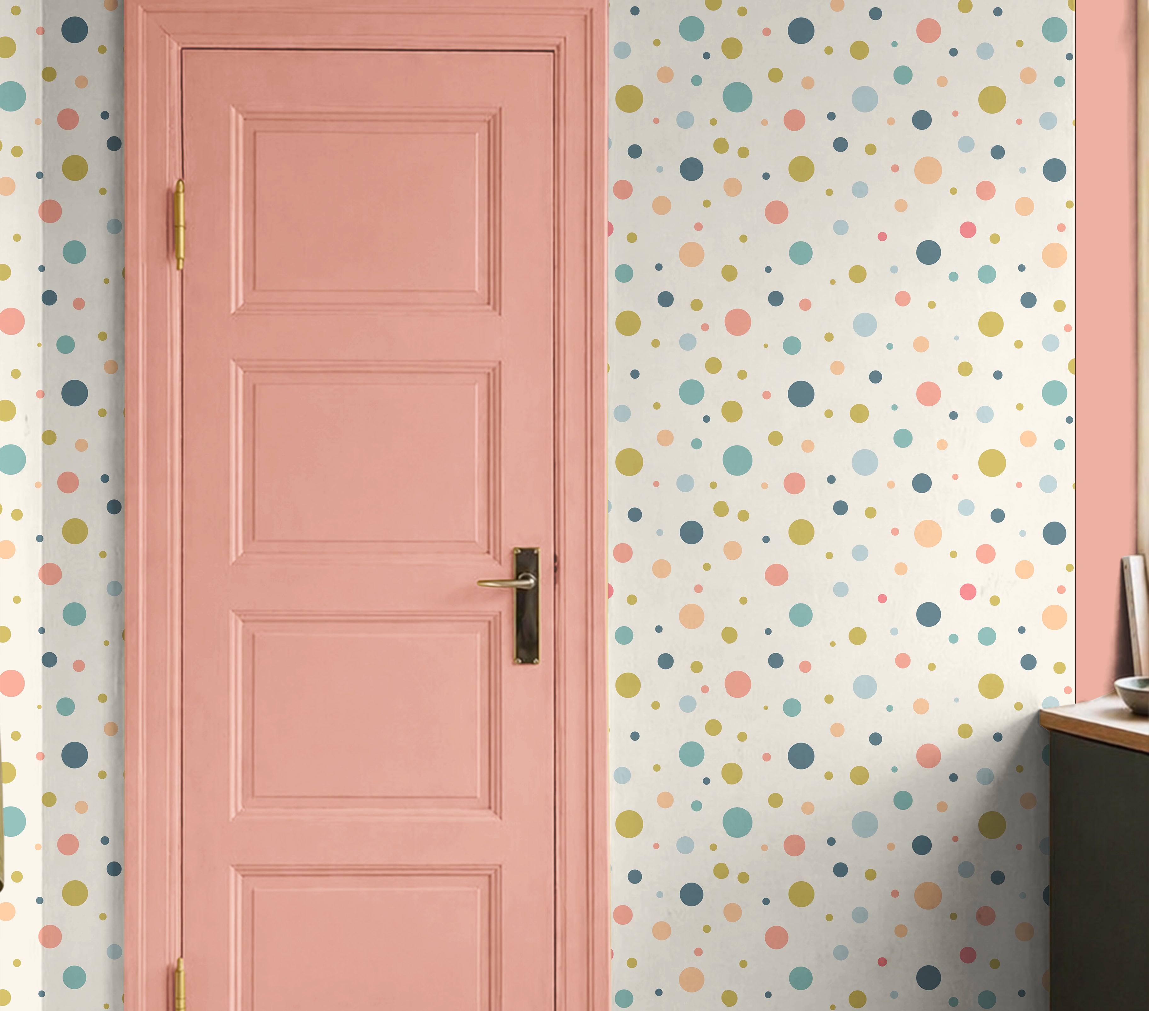 Rainbow polka dots in pink doorway
