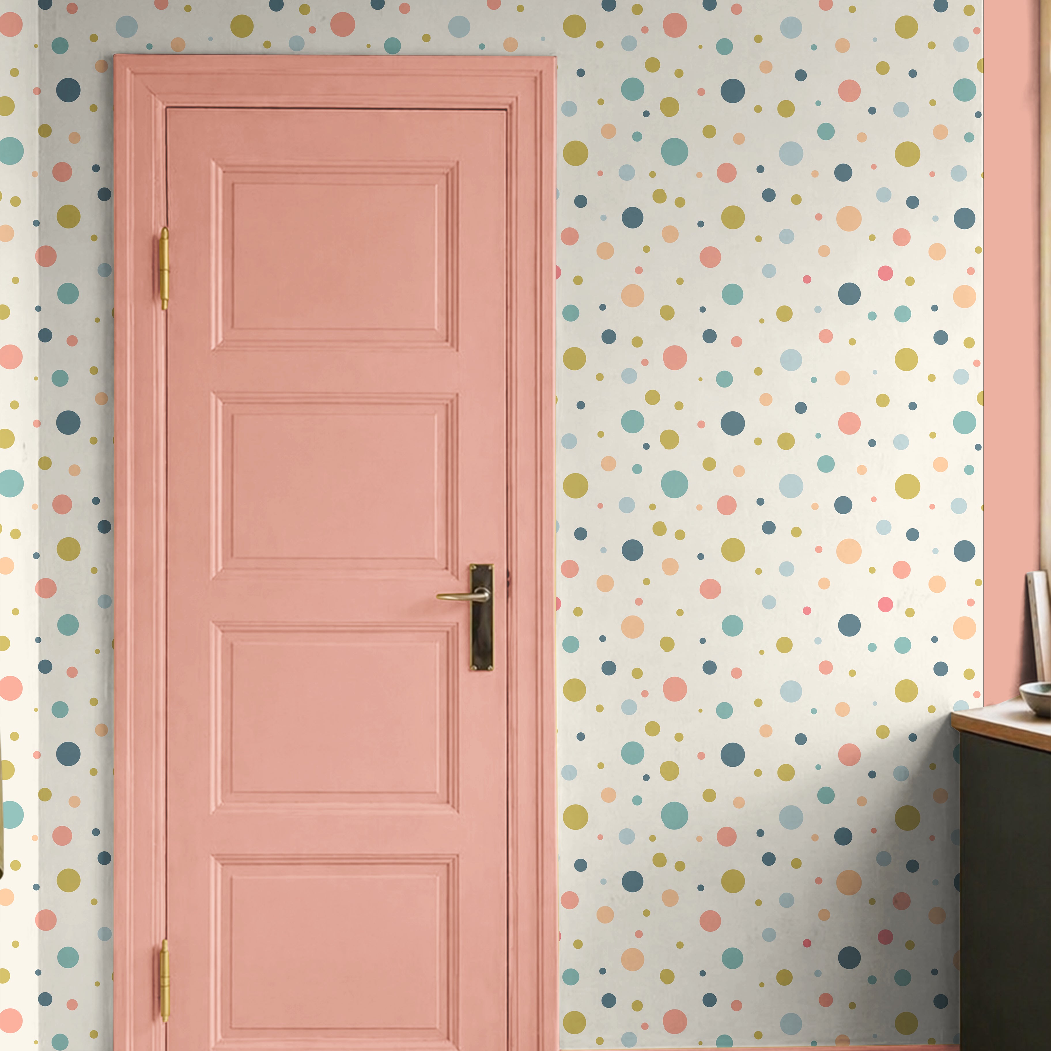 Rainbow polka dots in pink doorway