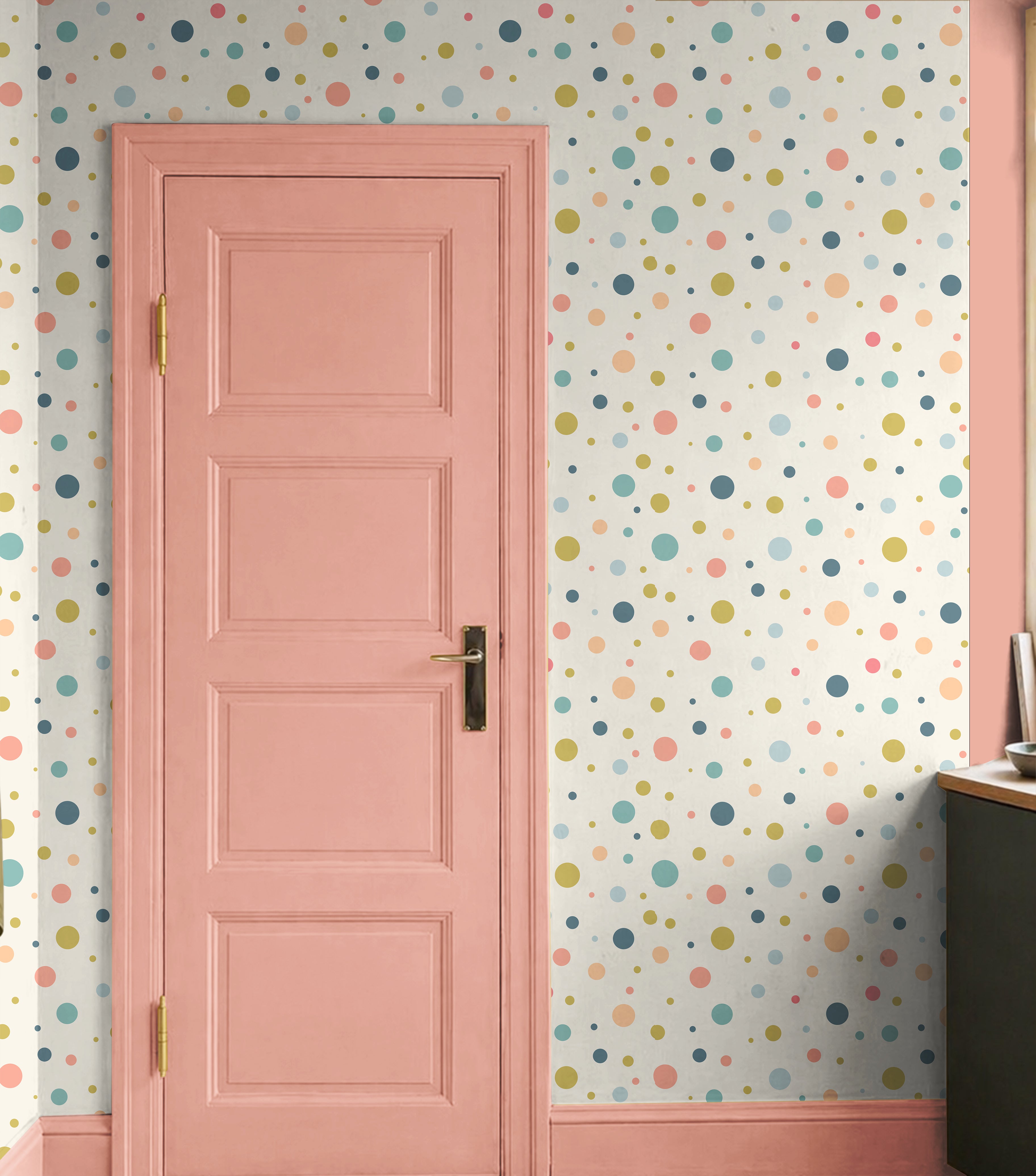 Rainbow polka dots in pink doorway