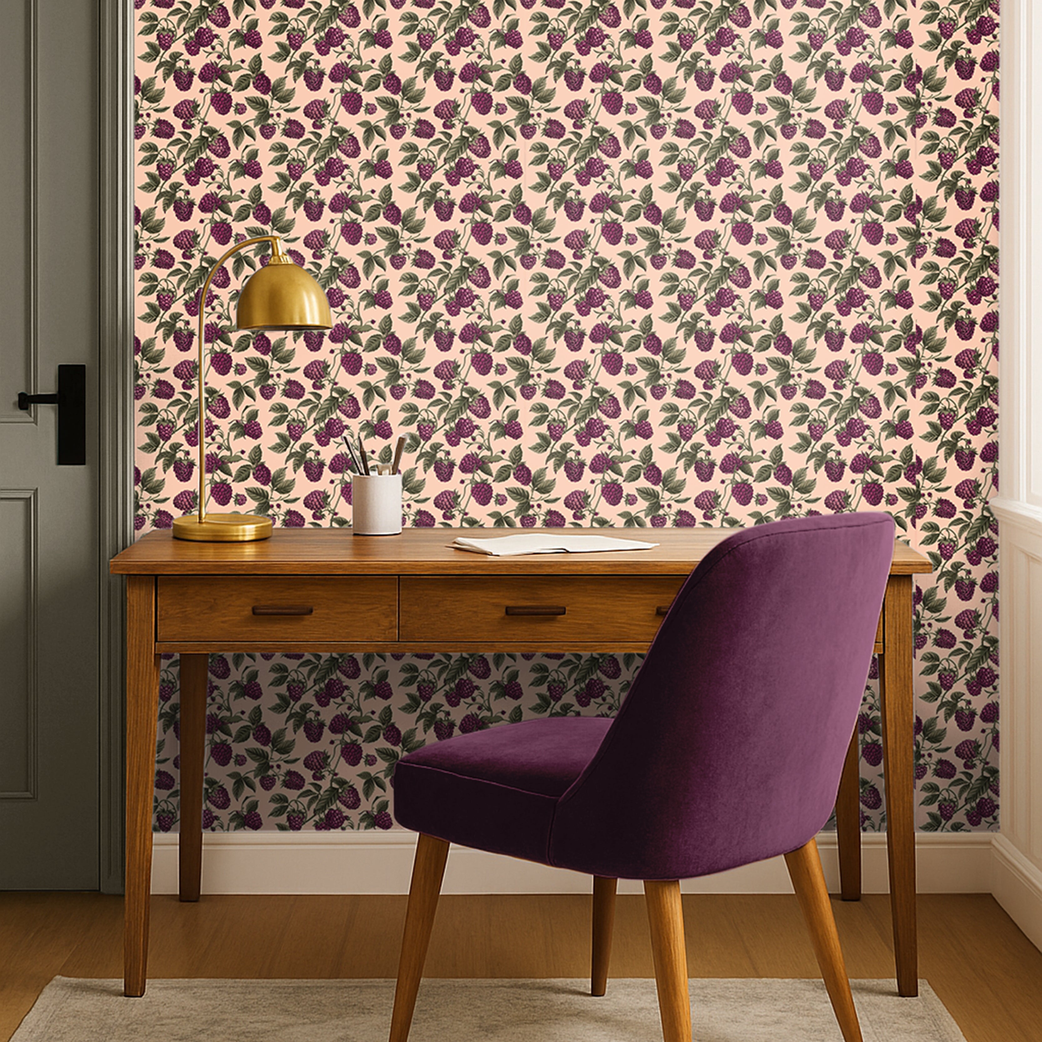 rich berry clusters, leafy greens, and soft blush backdrop styled in warm home office with green door and purple chair