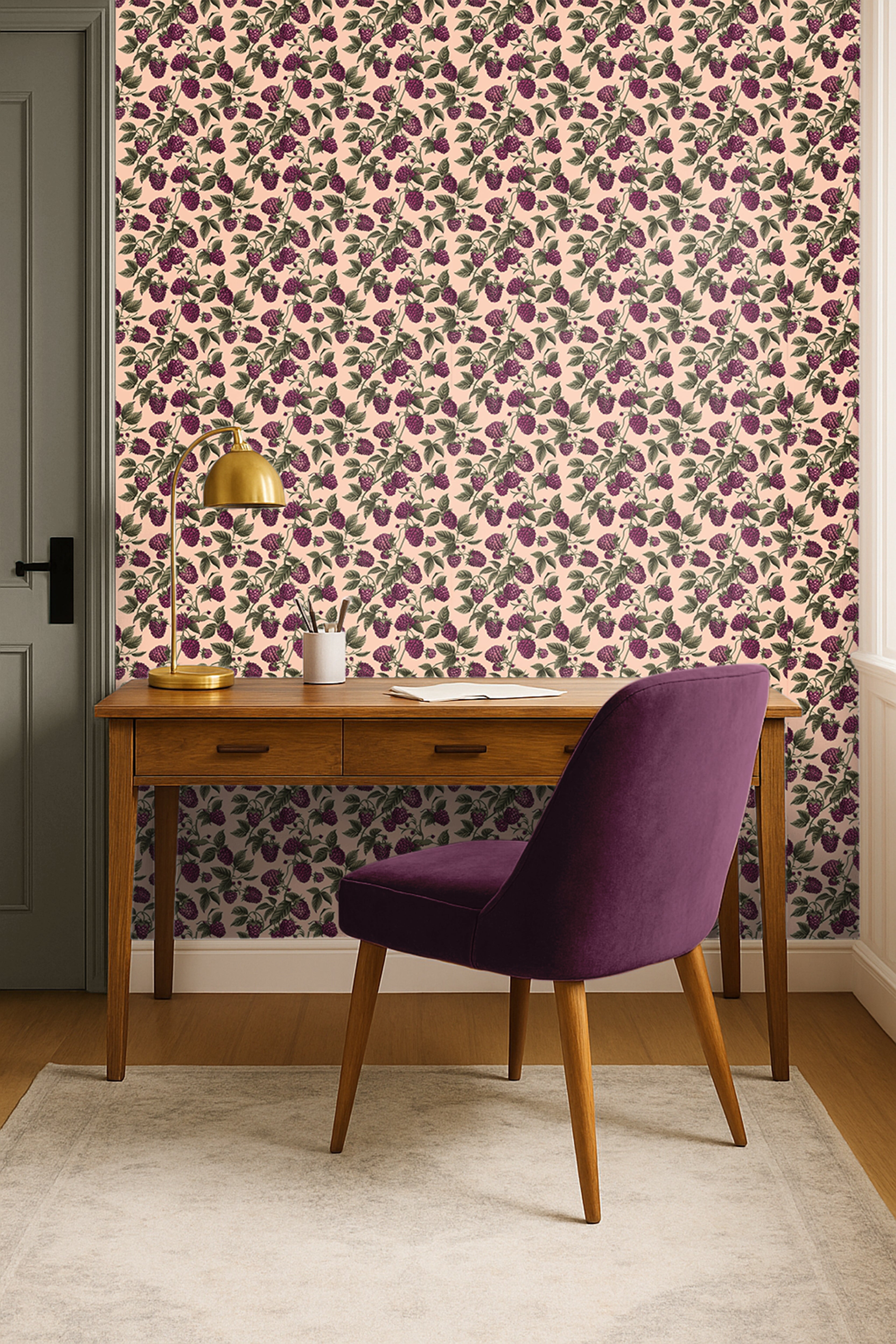 rich berry clusters, leafy greens, and soft blush backdrop styled in warm home office with green door and purple chair