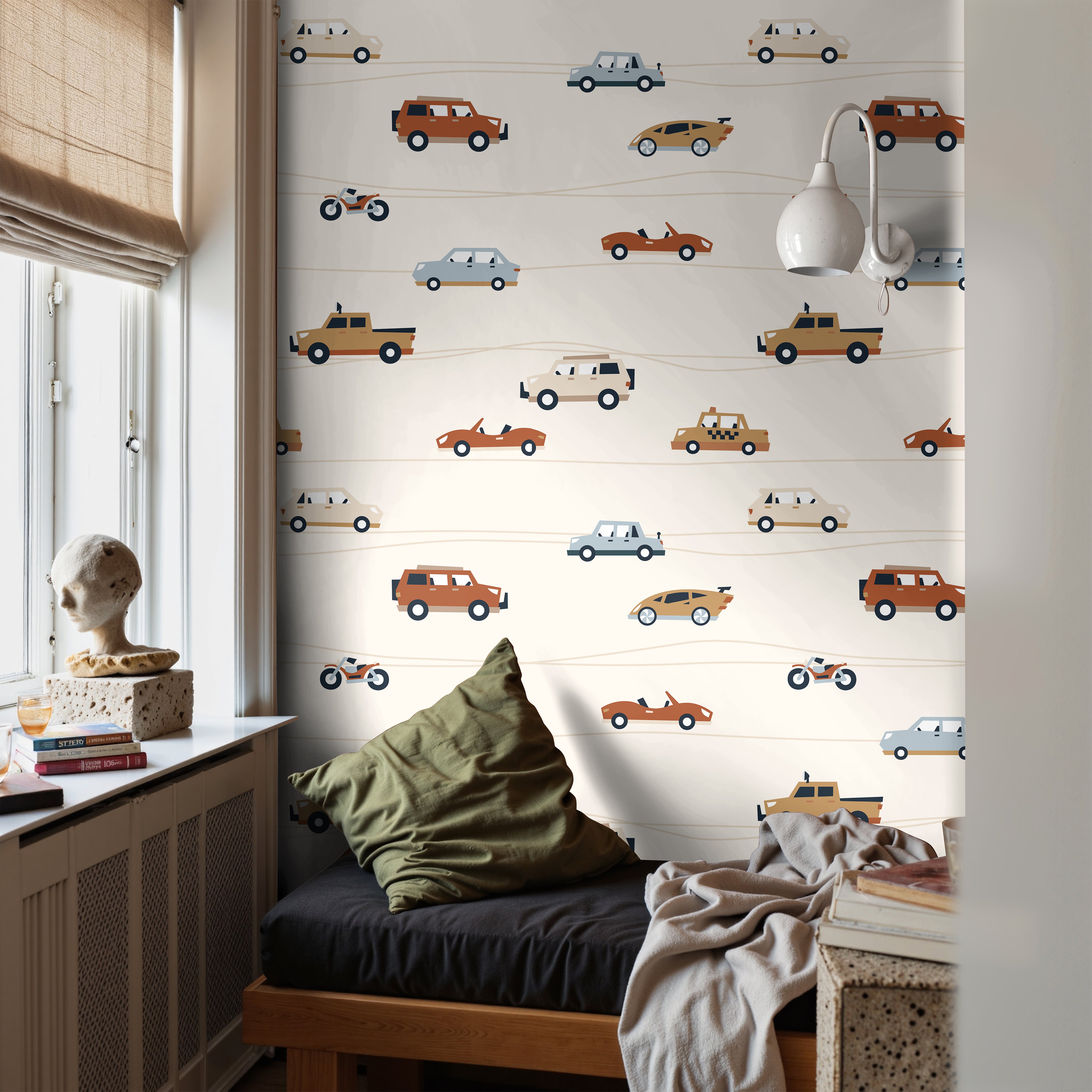 Driving cars in boho colors styled in boys bedroom