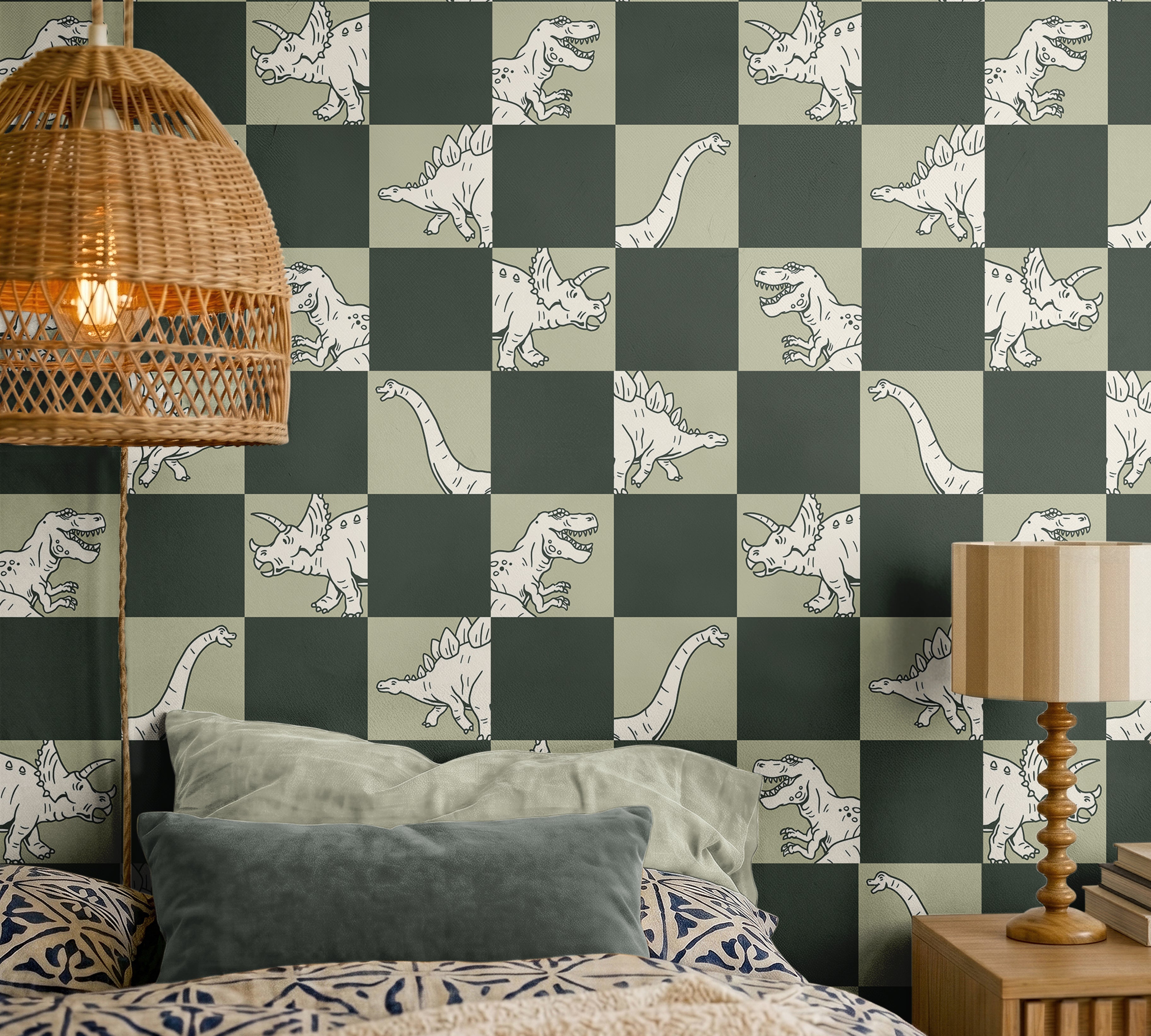 hand-drawn dinosaur illustrations with a structured checkerboard layout in muted green and warm neutral tones