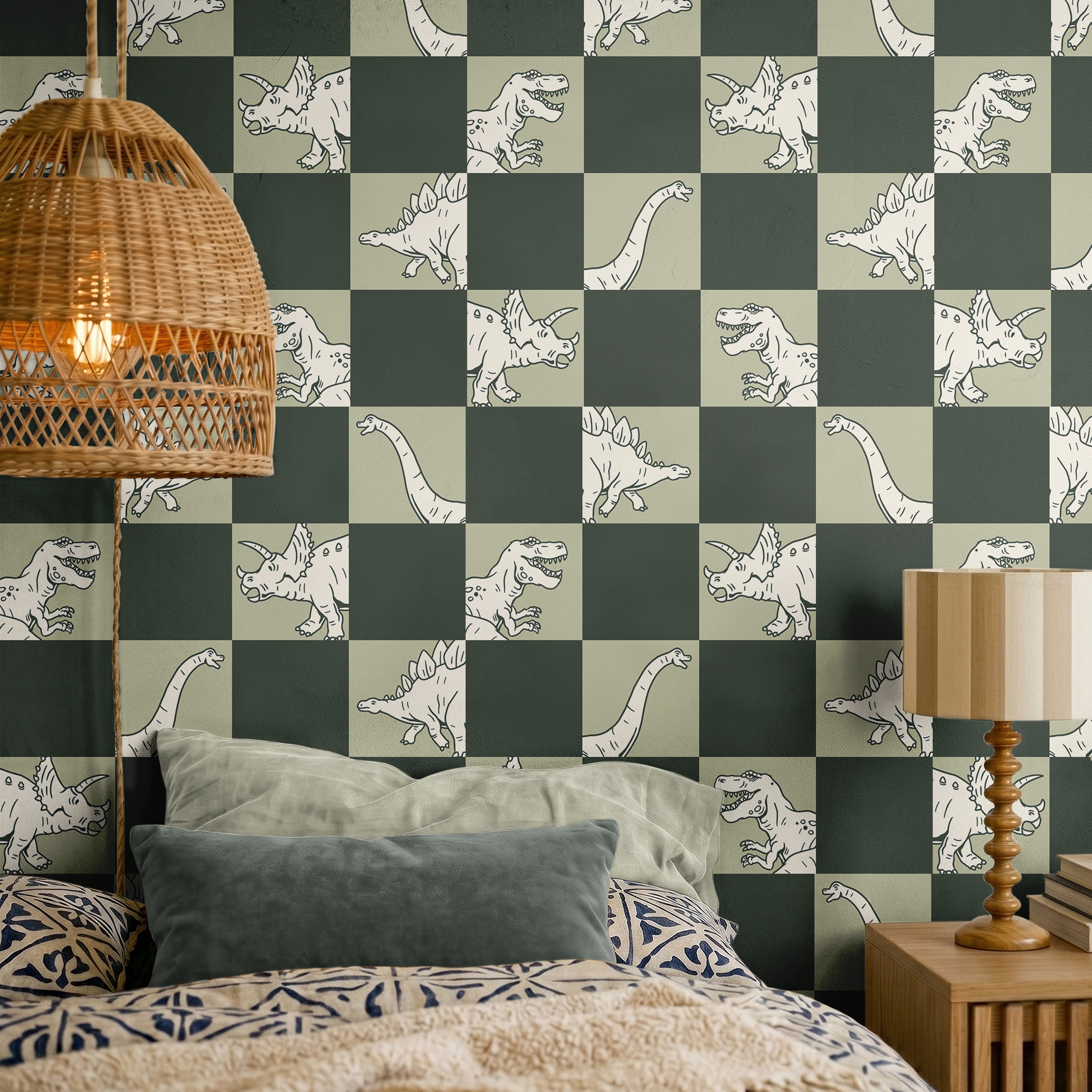 hand-drawn dinosaur illustrations with a structured checkerboard layout in muted green and warm neutral tones
