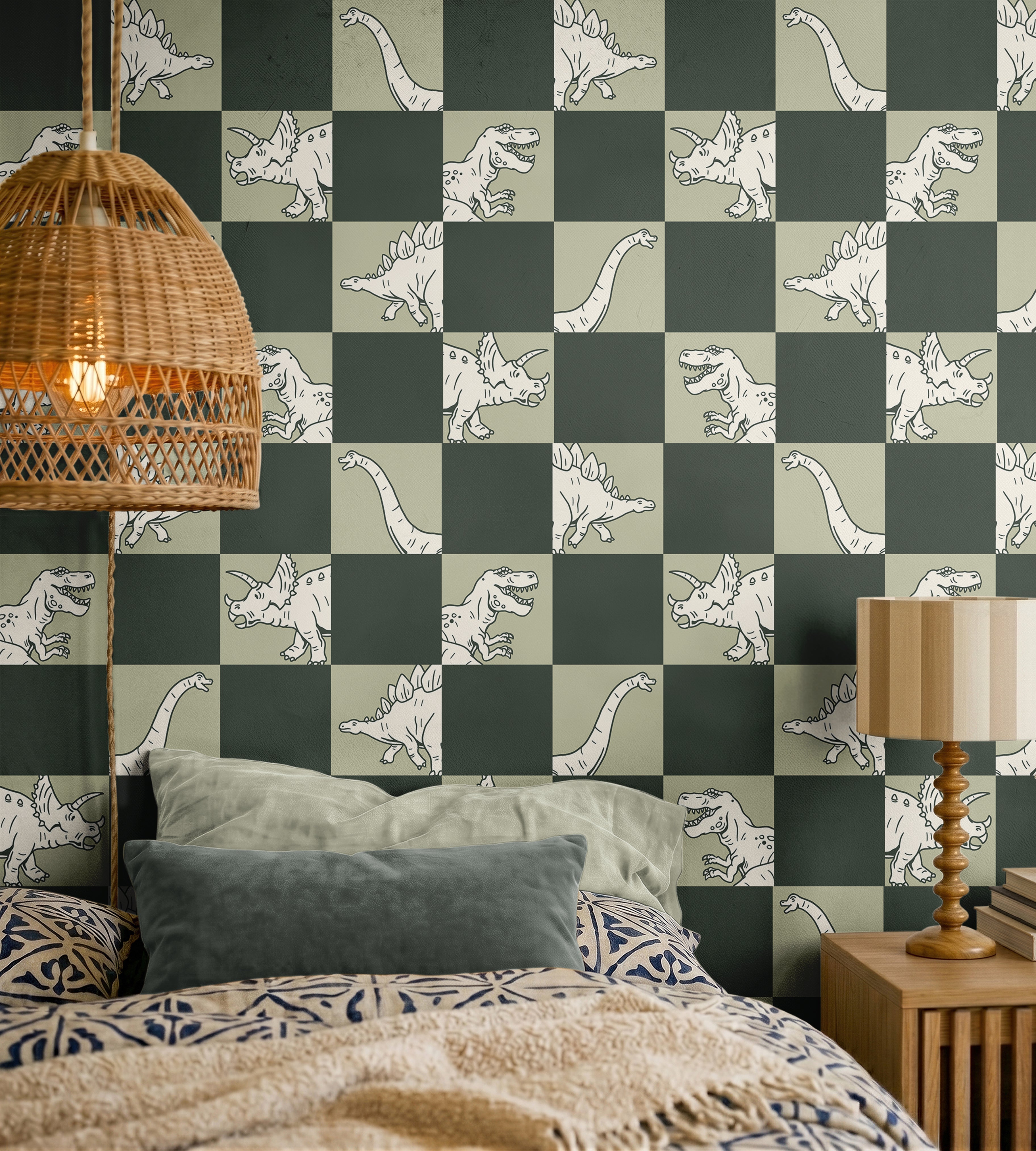 hand-drawn dinosaur illustrations with a structured checkerboard layout in muted green and warm neutral tones