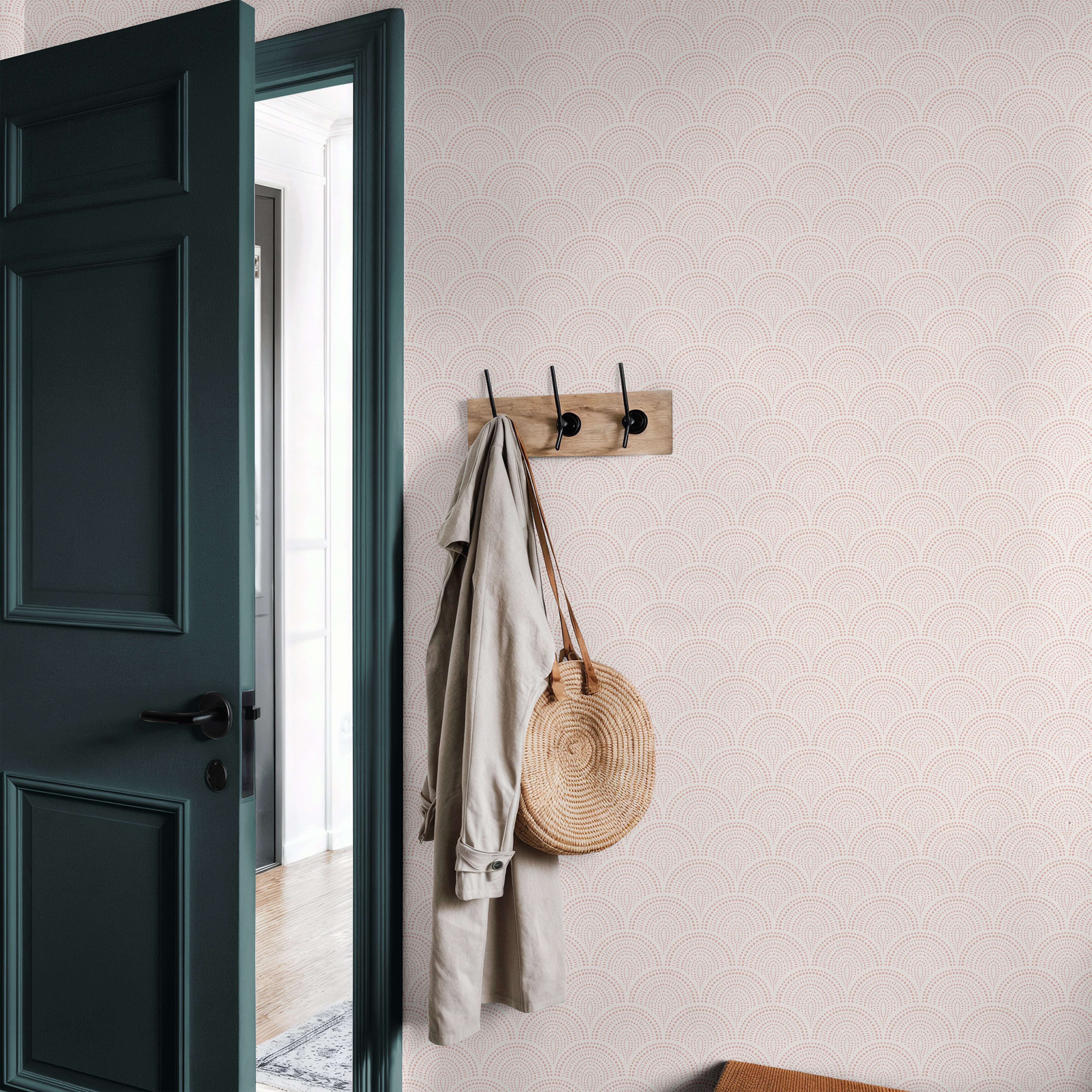 Art Deco soft blush tones and rhythmic dotted arches