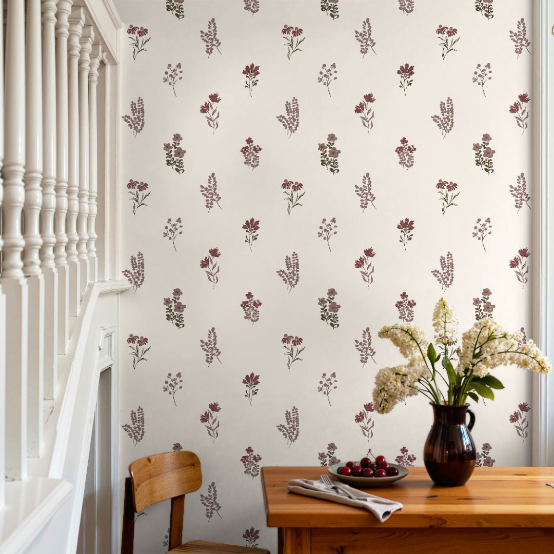 Rouselle House wallpaper close-up showing intricate maroon floral detailing and elegant matte finish by James & Colors