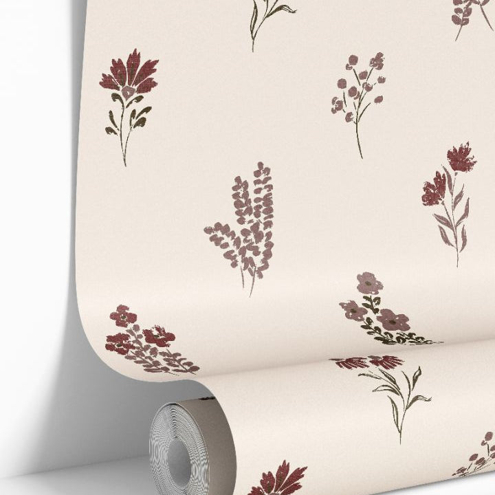 Rouselle House wallpaper roll featuring maroon and clay floral pattern on warm ivory background by James & Colors