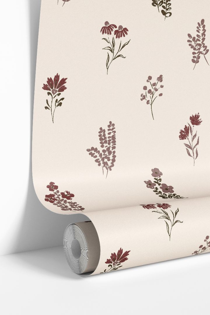 Rouselle House wallpaper roll featuring maroon and clay floral pattern on warm ivory background by James & Colors