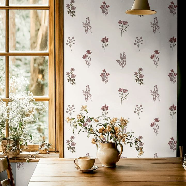 Rouselle House wallpaper styled interior showcasing rich floral design with vintage European charm by James & Colors