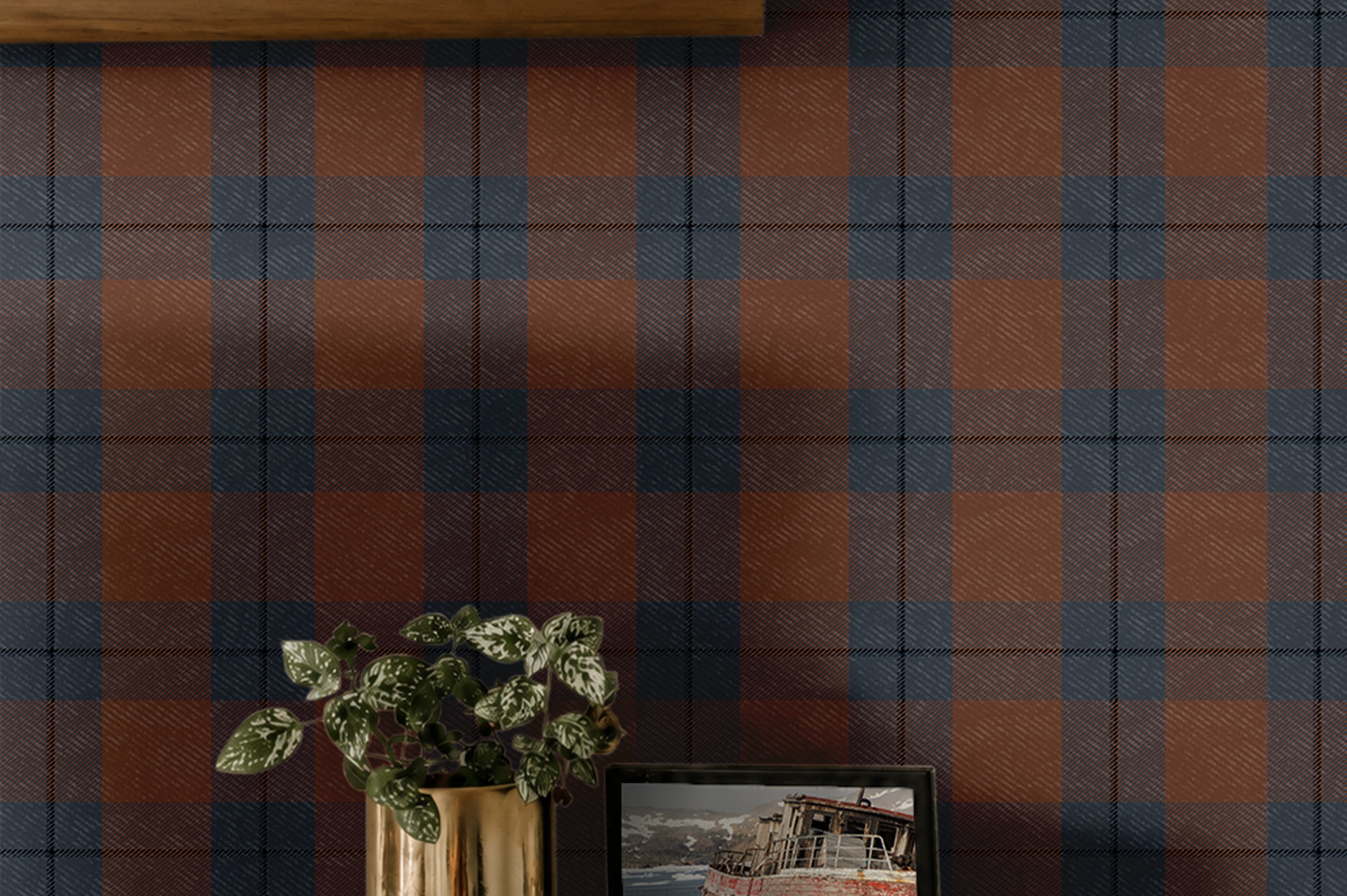 classic plaid pattern in rich rust and deep charcoal tones with a structured grid design