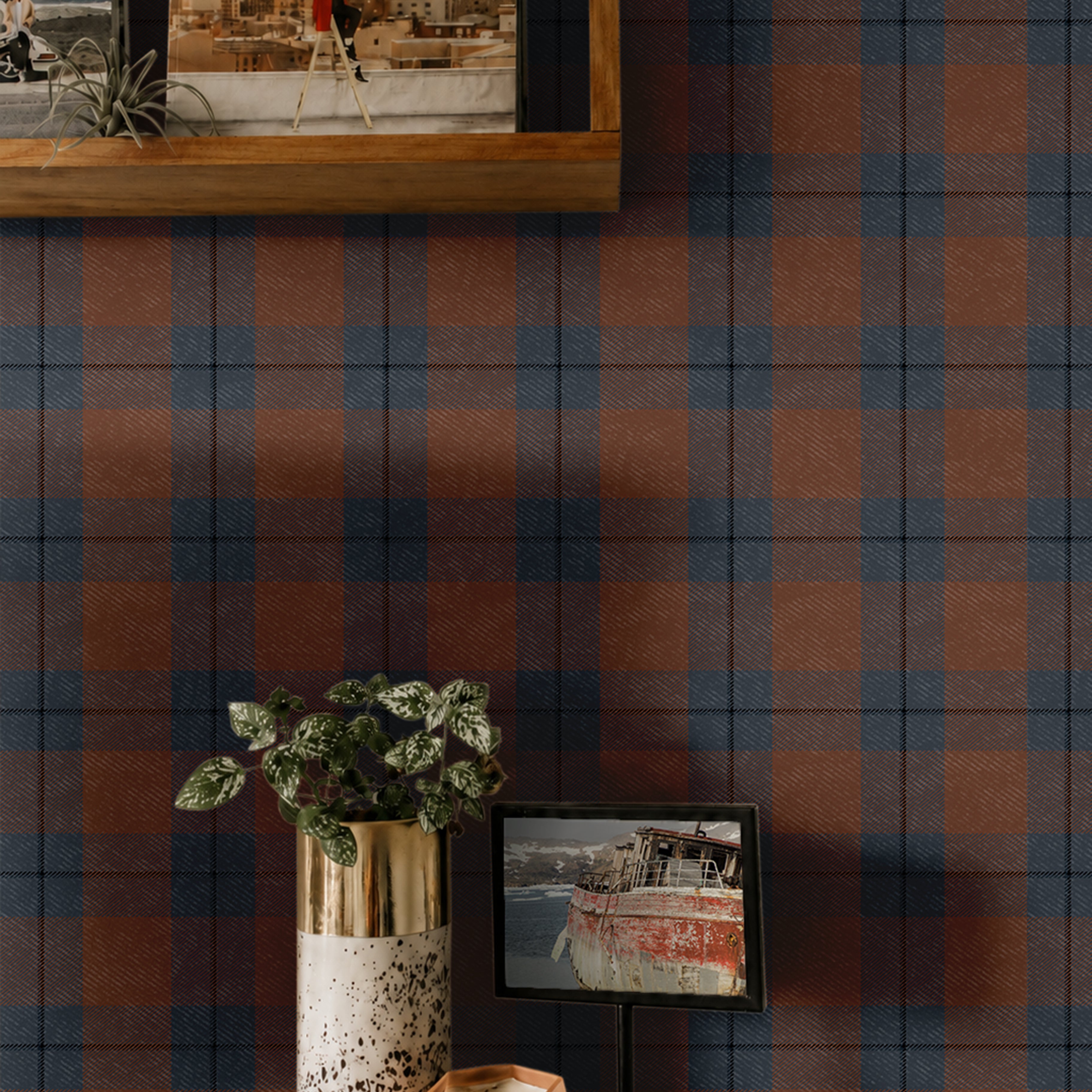 classic plaid pattern in rich rust and deep charcoal tones with a structured grid design