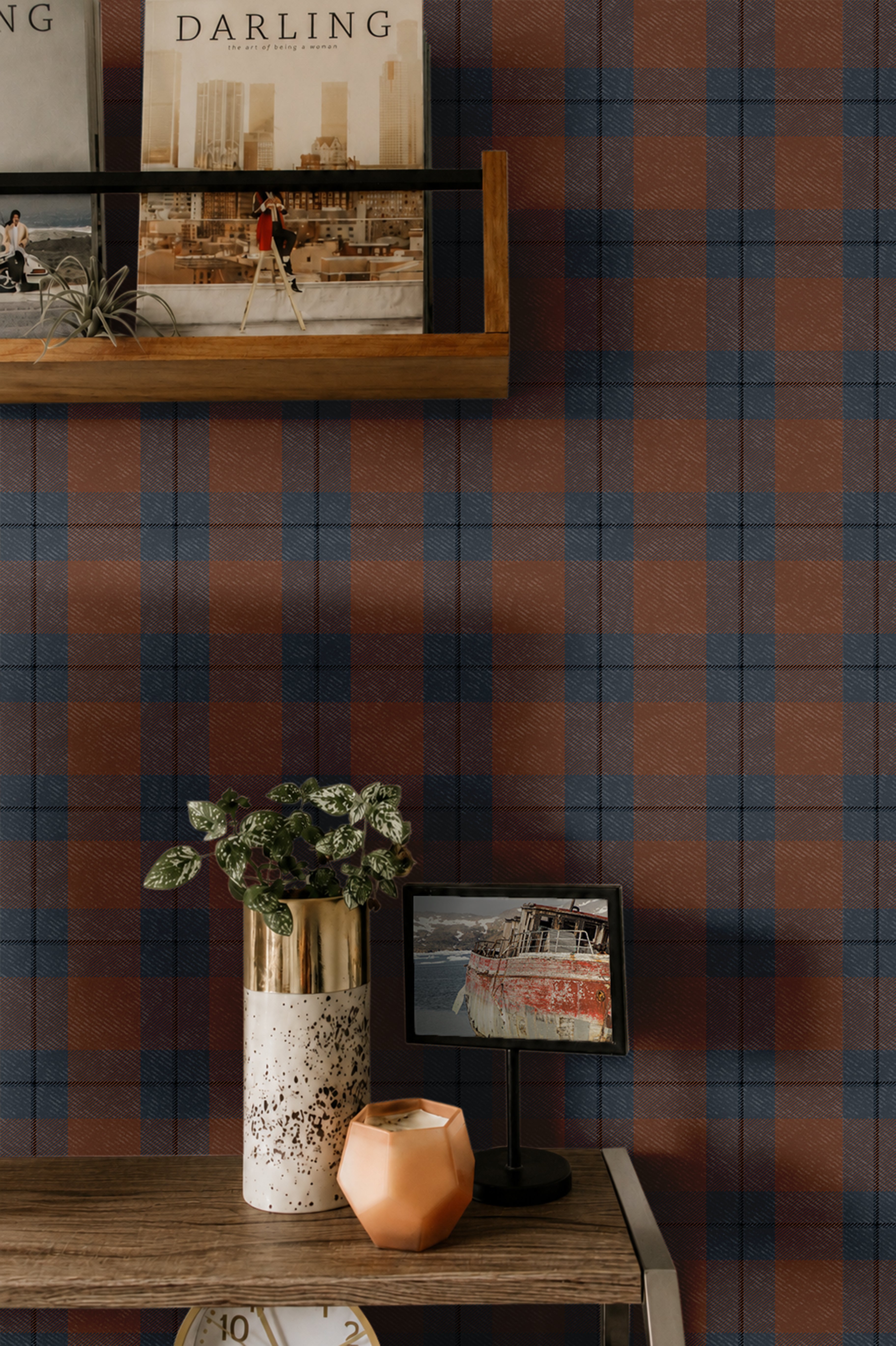 classic plaid pattern in rich rust and deep charcoal tones with a structured grid design