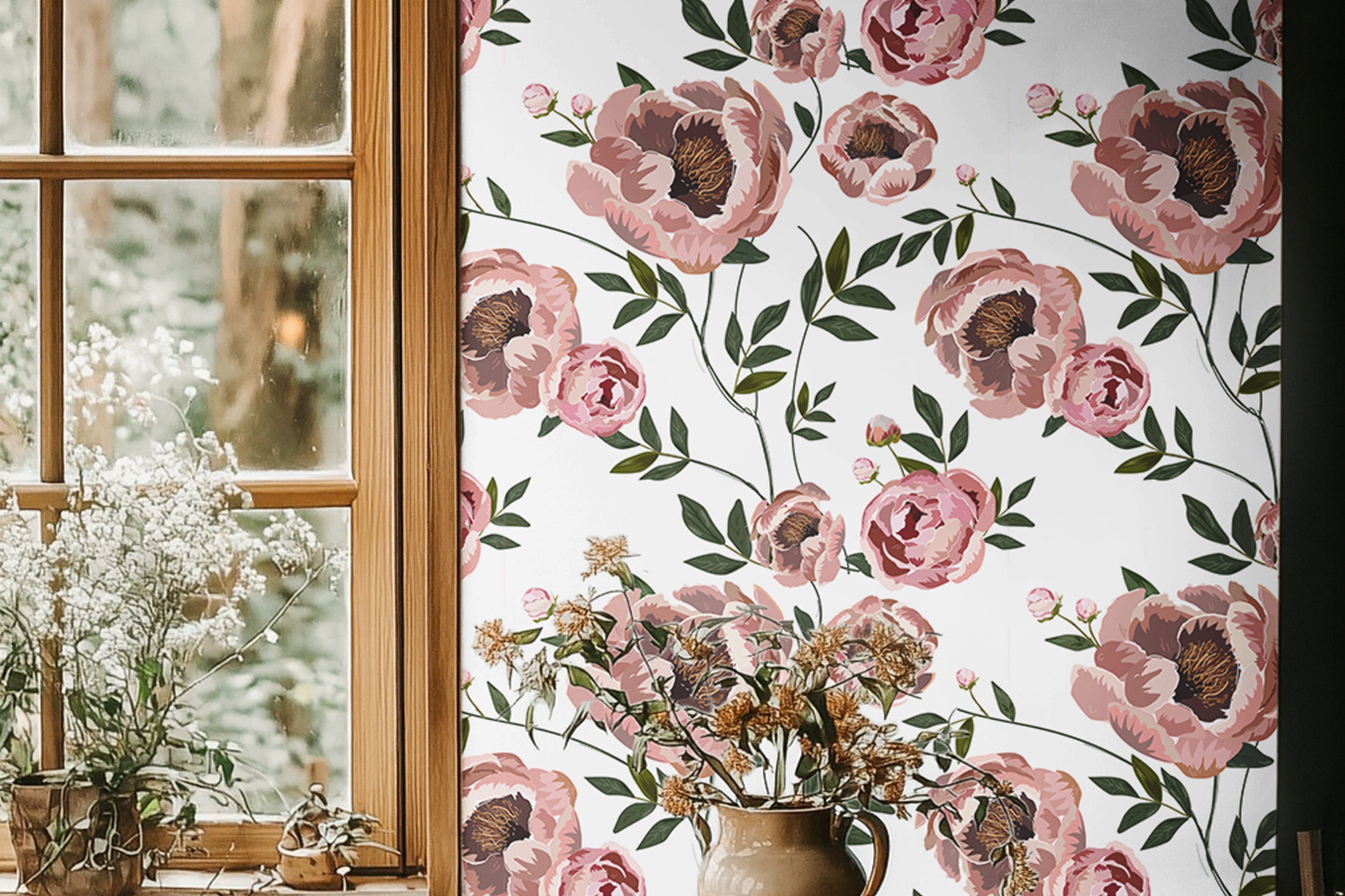 Mauve and pink Peonies with dark green leaves large scaled floral on contrasting white background in rustic dining room