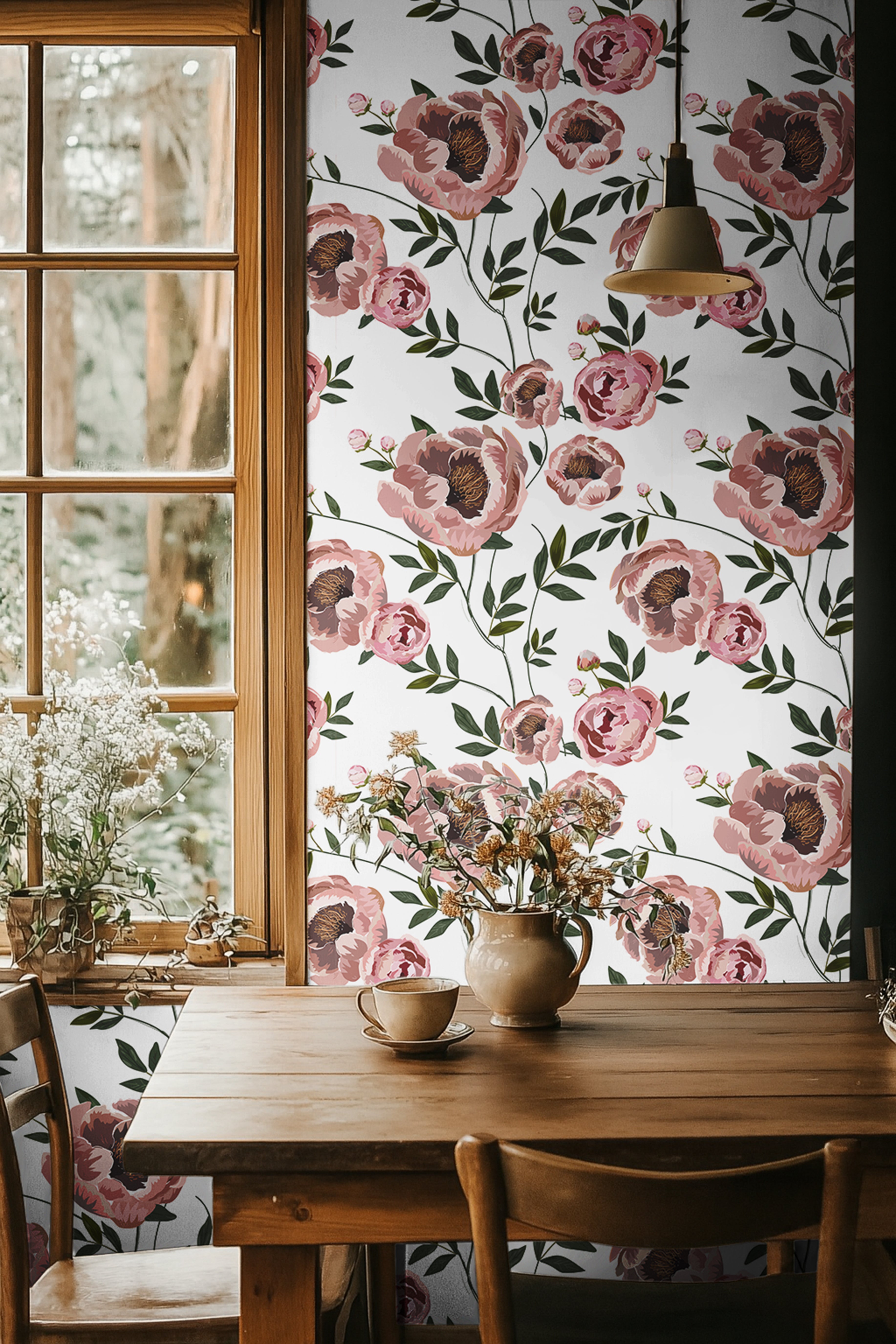 Mauve and pink Peonies with dark green leaves large scaled floral on contrasting white background in rustic dining room